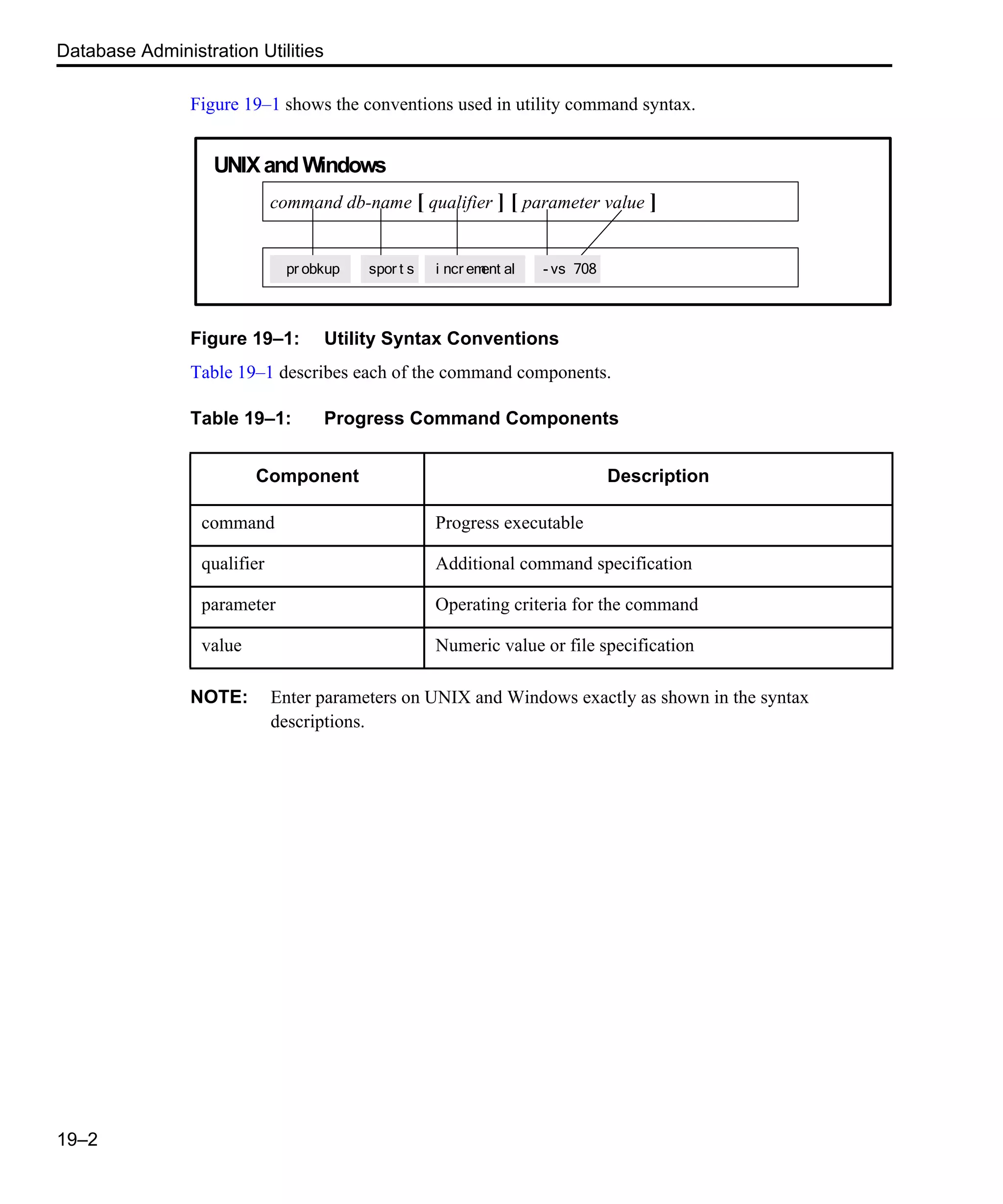 Database Administration Utilities 19–2 Figure 19–1 shows the conventions used in utility command syntax. Figure 19–1: Utility Syntax Conventions Table 19–1 describes each of the command components. NOTE: Enter parameters on UNIX and Windows exactly as shown in the syntax descriptions. Table 19–1: Progress Command Components Component Description command Progress executable qualifier Additional command specification parameter Operating criteria for the command value Numeric value or file specification command db-name [ qualifier ] [ parameter value ] UNIXand Windows pr obkup spor t s i ncr ement al - vs 708 