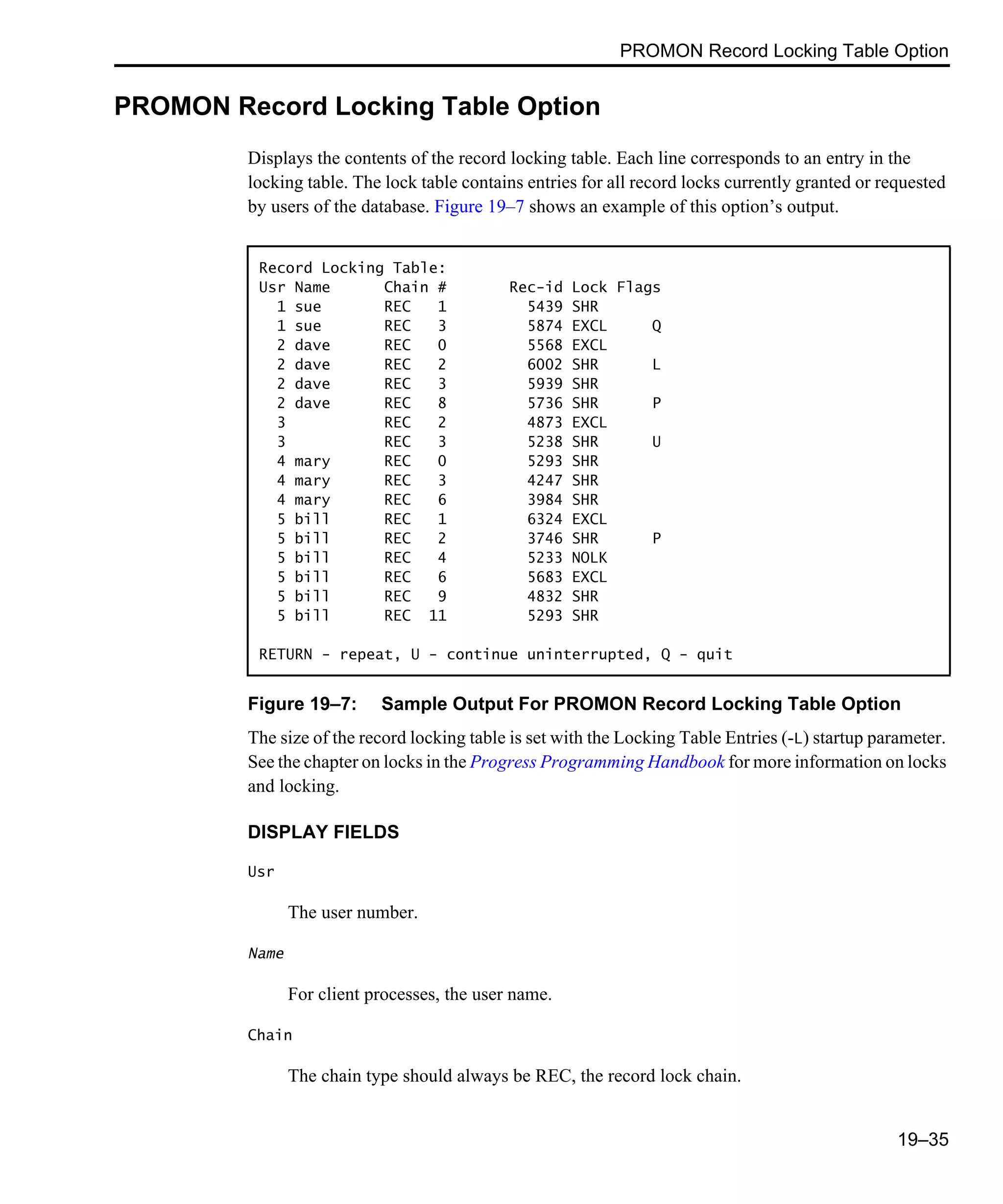 PROMON Record Locking Table Option 19–35 PROMON Record Locking Table Option Displays the contents of the record locking table. Each line corresponds to an entry in the locking table. The lock table contains entries for all record locks currently granted or requested by users of the database. Figure 19–7 shows an example of this option’s output. Figure 19–7: Sample Output For PROMON Record Locking Table Option The size of the record locking table is set with the Locking Table Entries (-L) startup parameter. See the chapter on locks in the Progress Programming Handbook for more information on locks and locking. DISPLAY FIELDS Usr The user number. Name For client processes, the user name. Chain The chain type should always be REC, the record lock chain. Record Locking Table: Usr Name Chain # Rec-id Lock Flags 1 sue REC 1 5439 SHR 1 sue REC 3 5874 EXCL Q 2 dave REC 0 5568 EXCL 2 dave REC 2 6002 SHR L 2 dave REC 3 5939 SHR 2 dave REC 8 5736 SHR P 3 REC 2 4873 EXCL 3 REC 3 5238 SHR U 4 mary REC 0 5293 SHR 4 mary REC 3 4247 SHR 4 mary REC 6 3984 SHR 5 bill REC 1 6324 EXCL 5 bill REC 2 3746 SHR P 5 bill REC 4 5233 NOLK 5 bill REC 6 5683 EXCL 5 bill REC 9 4832 SHR 5 bill REC 11 5293 SHR RETURN - repeat, U - continue uninterrupted, Q - quit 