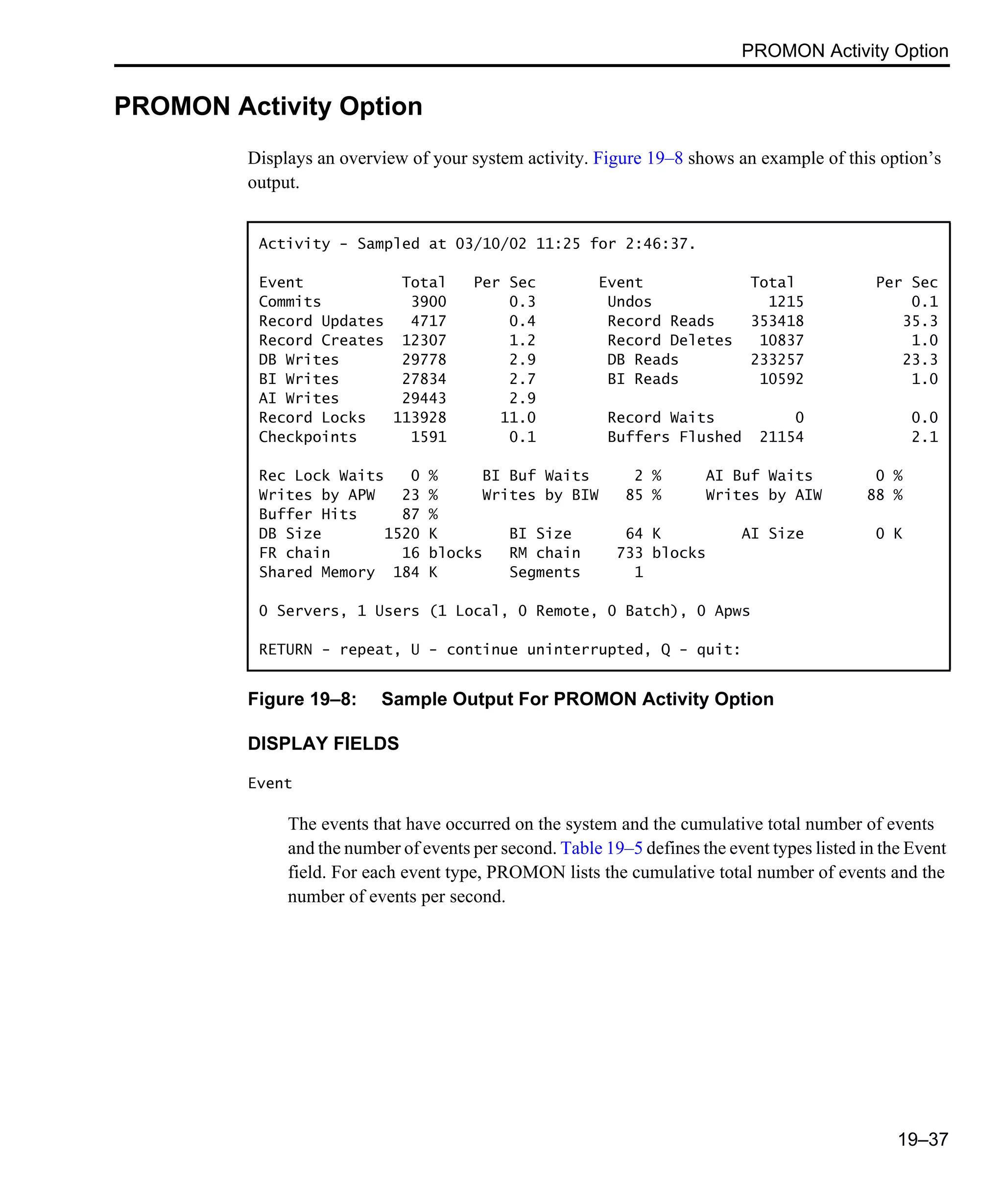 PROMON Activity Option 19–37 PROMON Activity Option Displays an overview of your system activity. Figure 19–8 shows an example of this option’s output. Figure 19–8: Sample Output For PROMON Activity Option DISPLAY FIELDS Event The events that have occurred on the system and the cumulative total number of events and the number of events per second. Table 19–5 defines the event types listed in the Event field. For each event type, PROMON lists the cumulative total number of events and the number of events per second. Activity - Sampled at 03/10/02 11:25 for 2:46:37. Event Total Per Sec Event Total Per Sec Commits 3900 0.3 Undos 1215 0.1 Record Updates 4717 0.4 Record Reads 353418 35.3 Record Creates 12307 1.2 Record Deletes 10837 1.0 DB Writes 29778 2.9 DB Reads 233257 23.3 BI Writes 27834 2.7 BI Reads 10592 1.0 AI Writes 29443 2.9 Record Locks 113928 11.0 Record Waits 0 0.0 Checkpoints 1591 0.1 Buffers Flushed 21154 2.1 Rec Lock Waits 0 % BI Buf Waits 2 % AI Buf Waits 0 % Writes by APW 23 % Writes by BIW 85 % Writes by AIW 88 % Buffer Hits 87 % DB Size 1520 K BI Size 64 K AI Size 0 K FR chain 16 blocks RM chain 733 blocks Shared Memory 184 K Segments 1 0 Servers, 1 Users (1 Local, 0 Remote, 0 Batch), 0 Apws RETURN - repeat, U - continue uninterrupted, Q - quit: 