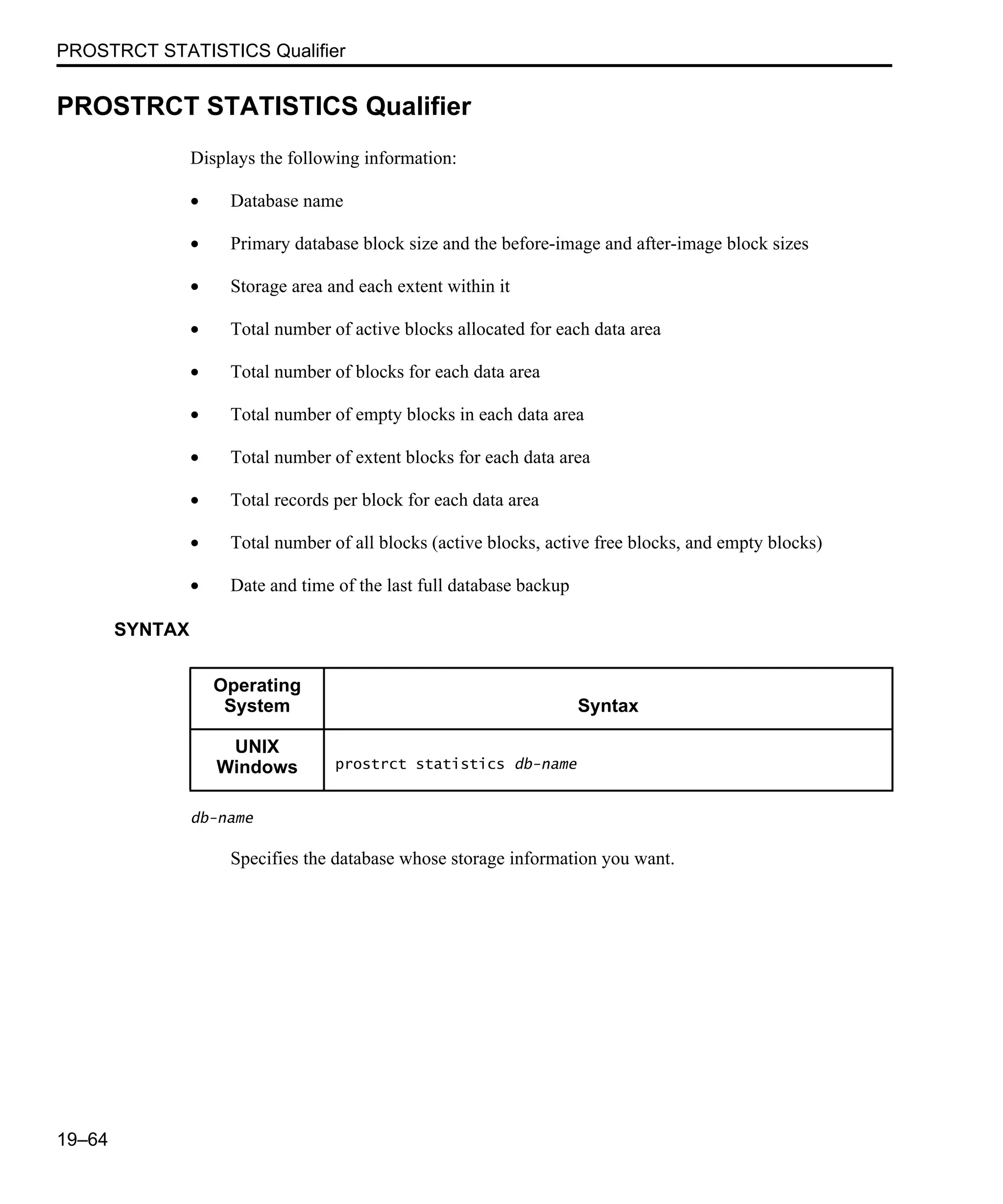 PROSTRCT STATISTICS Qualifier 19–64 PROSTRCT STATISTICS Qualifier Displays the following information: • Database name • Primary database block size and the before-image and after-image block sizes • Storage area and each extent within it • Total number of active blocks allocated for each data area • Total number of blocks for each data area • Total number of empty blocks in each data area • Total number of extent blocks for each data area • Total records per block for each data area • Total number of all blocks (active blocks, active free blocks, and empty blocks) • Date and time of the last full database backup SYNTAX db-name Specifies the database whose storage information you want. Operating System Syntax UNIX Windows prostrct statistics db-name 