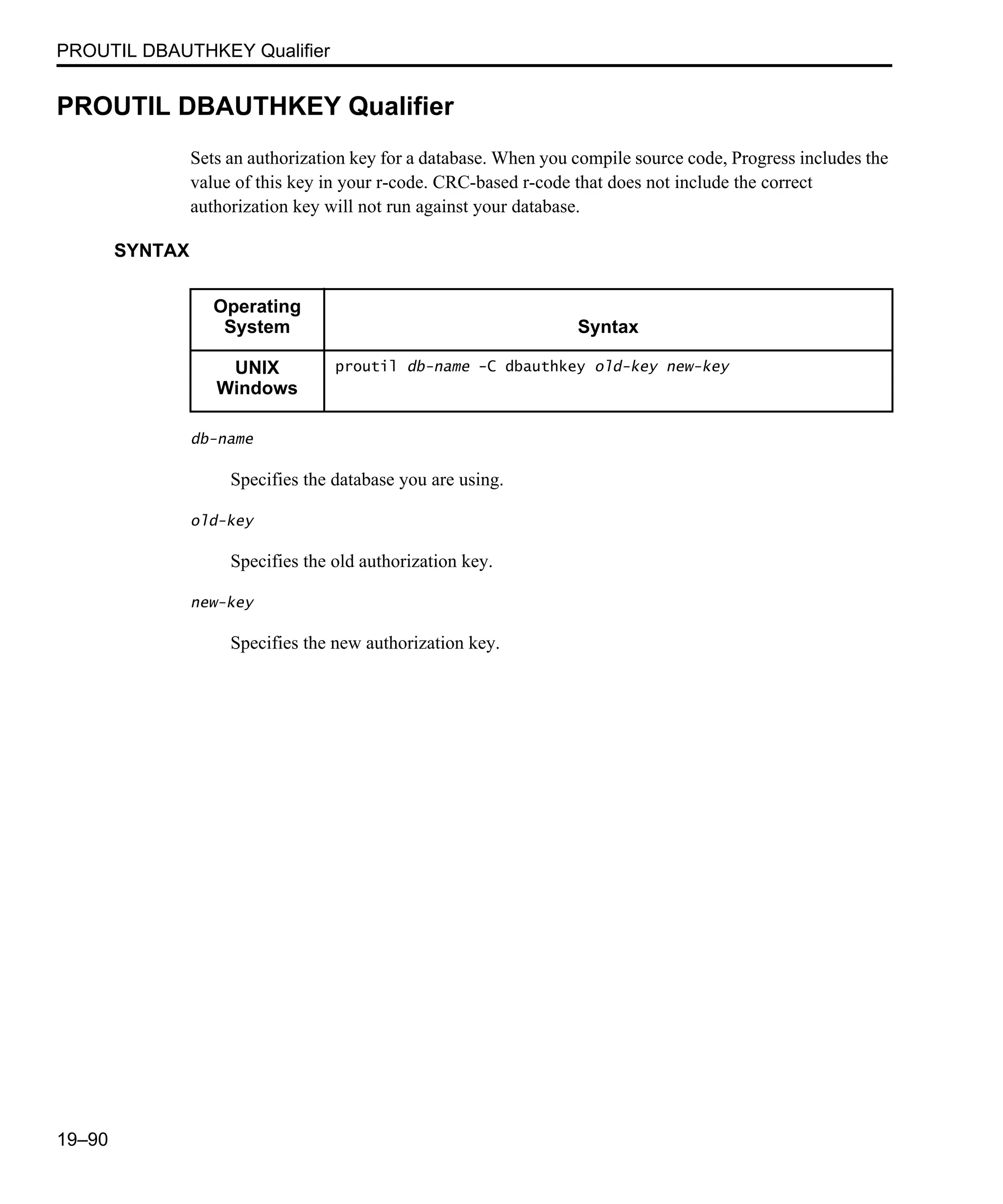 PROUTIL DBAUTHKEY Qualifier 19–90 PROUTIL DBAUTHKEY Qualifier Sets an authorization key for a database. When you compile source code, Progress includes the value of this key in your r-code. CRC-based r-code that does not include the correct authorization key will not run against your database. SYNTAX db-name Specifies the database you are using. old-key Specifies the old authorization key. new-key Specifies the new authorization key. Operating System Syntax UNIX Windows proutil db-name -C dbauthkey old-key new-key 