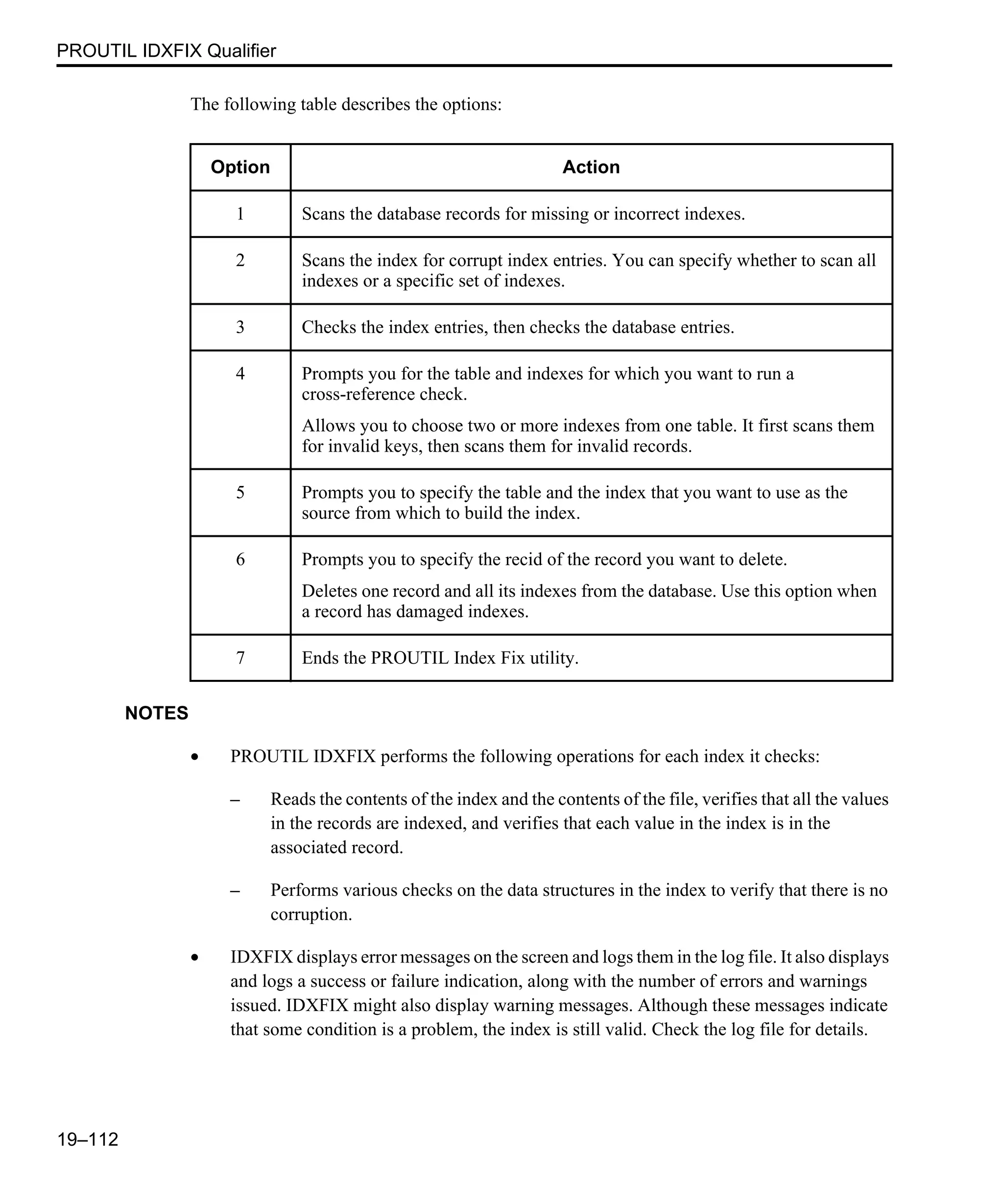 PROUTIL IDXFIX Qualifier 19–112 The following table describes the options: NOTES • PROUTIL IDXFIX performs the following operations for each index it checks: – Reads the contents of the index and the contents of the file, verifies that all the values in the records are indexed, and verifies that each value in the index is in the associated record. – Performs various checks on the data structures in the index to verify that there is no corruption. • IDXFIX displays error messages on the screen and logs them in the log file. It also displays and logs a success or failure indication, along with the number of errors and warnings issued. IDXFIX might also display warning messages. Although these messages indicate that some condition is a problem, the index is still valid. Check the log file for details. Option Action 1 Scans the database records for missing or incorrect indexes. 2 Scans the index for corrupt index entries. You can specify whether to scan all indexes or a specific set of indexes. 3 Checks the index entries, then checks the database entries. 4 Prompts you for the table and indexes for which you want to run a cross-reference check. Allows you to choose two or more indexes from one table. It first scans them for invalid keys, then scans them for invalid records. 5 Prompts you to specify the table and the index that you want to use as the source from which to build the index. 6 Prompts you to specify the recid of the record you want to delete. Deletes one record and all its indexes from the database. Use this option when a record has damaged indexes. 7 Ends the PROUTIL Index Fix utility. 