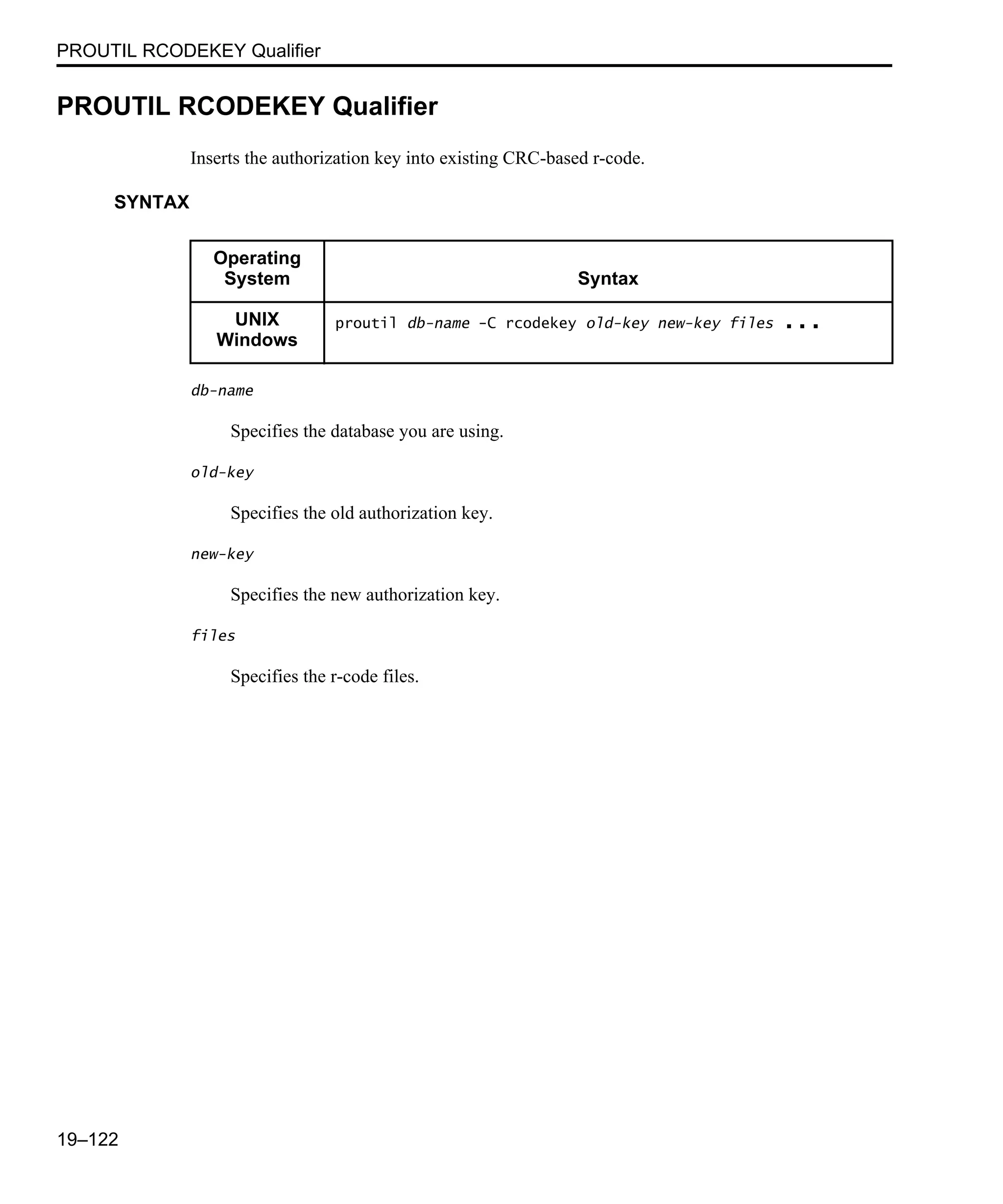 PROUTIL RCODEKEY Qualifier 19–122 PROUTIL RCODEKEY Qualifier Inserts the authorization key into existing CRC-based r-code. SYNTAX db-name Specifies the database you are using. old-key Specifies the old authorization key. new-key Specifies the new authorization key. files Specifies the r-code files. Operating System Syntax UNIX Windows proutil db-name -C rcodekey old-key new-key files ... 