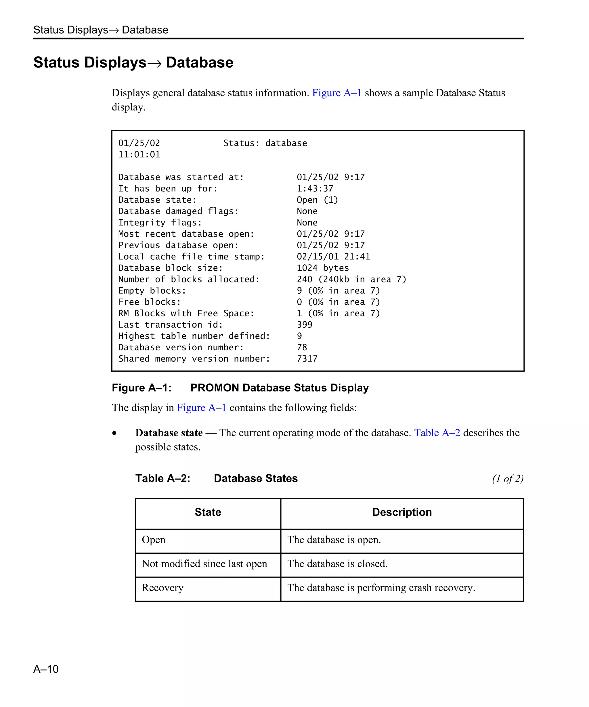 Status Displays→ Database A–10 Status Displays→ Database Displays general database status information. Figure A–1 shows a sample Database Status display. Figure A–1: PROMON Database Status Display The display in Figure A–1 contains the following fields: • Database state — The current operating mode of the database. Table A–2 describes the possible states. 01/25/02 Status: database 11:01:01 Database was started at: 01/25/02 9:17 It has been up for: 1:43:37 Database state: Open (1) Database damaged flags: None Integrity flags: None Most recent database open: 01/25/02 9:17 Previous database open: 01/25/02 9:17 Local cache file time stamp: 02/15/01 21:41 Database block size: 1024 bytes Number of blocks allocated: 240 (240kb in area 7) Empty blocks: 9 (0% in area 7) Free blocks: 0 (0% in area 7) RM Blocks with Free Space: 1 (0% in area 7) Last transaction id: 399 Highest table number defined: 9 Database version number: 78 Shared memory version number: 7317 Table A–2: Database States (1 of 2) State Description Open The database is open. Not modified since last open The database is closed. Recovery The database is performing crash recovery. 
