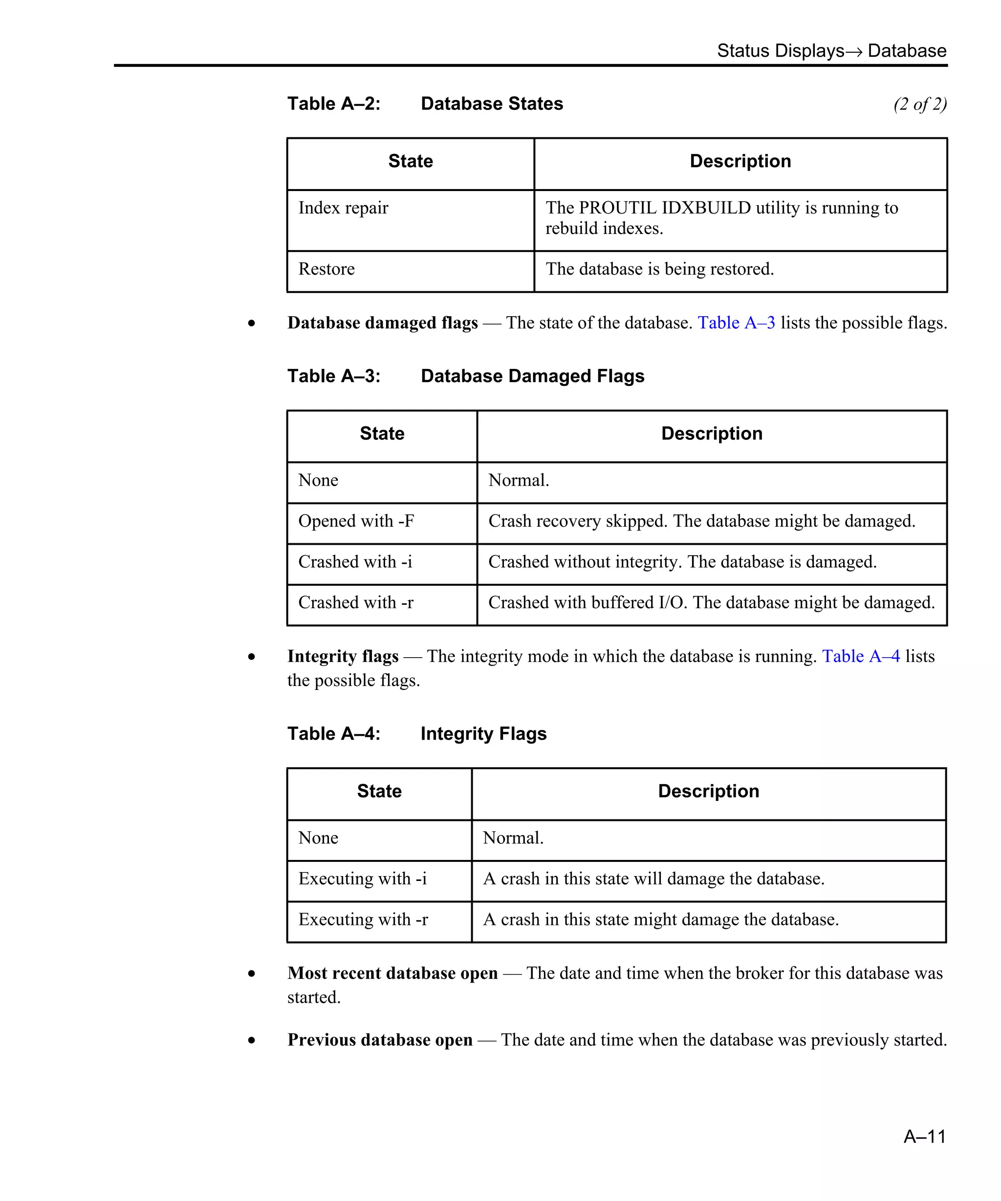 Status Displays→ Database A–11 • Database damaged flags — The state of the database. Table A–3 lists the possible flags. • Integrity flags — The integrity mode in which the database is running. Table A–4 lists the possible flags. • Most recent database open — The date and time when the broker for this database was started. • Previous database open — The date and time when the database was previously started. Index repair The PROUTIL IDXBUILD utility is running to rebuild indexes. Restore The database is being restored. Table A–2: Database States (2 of 2) State Description Table A–3: Database Damaged Flags State Description None Normal. Opened with -F Crash recovery skipped. The database might be damaged. Crashed with -i Crashed without integrity. The database is damaged. Crashed with -r Crashed with buffered I/O. The database might be damaged. Table A–4: Integrity Flags State Description None Normal. Executing with -i A crash in this state will damage the database. Executing with -r A crash in this state might damage the database. 