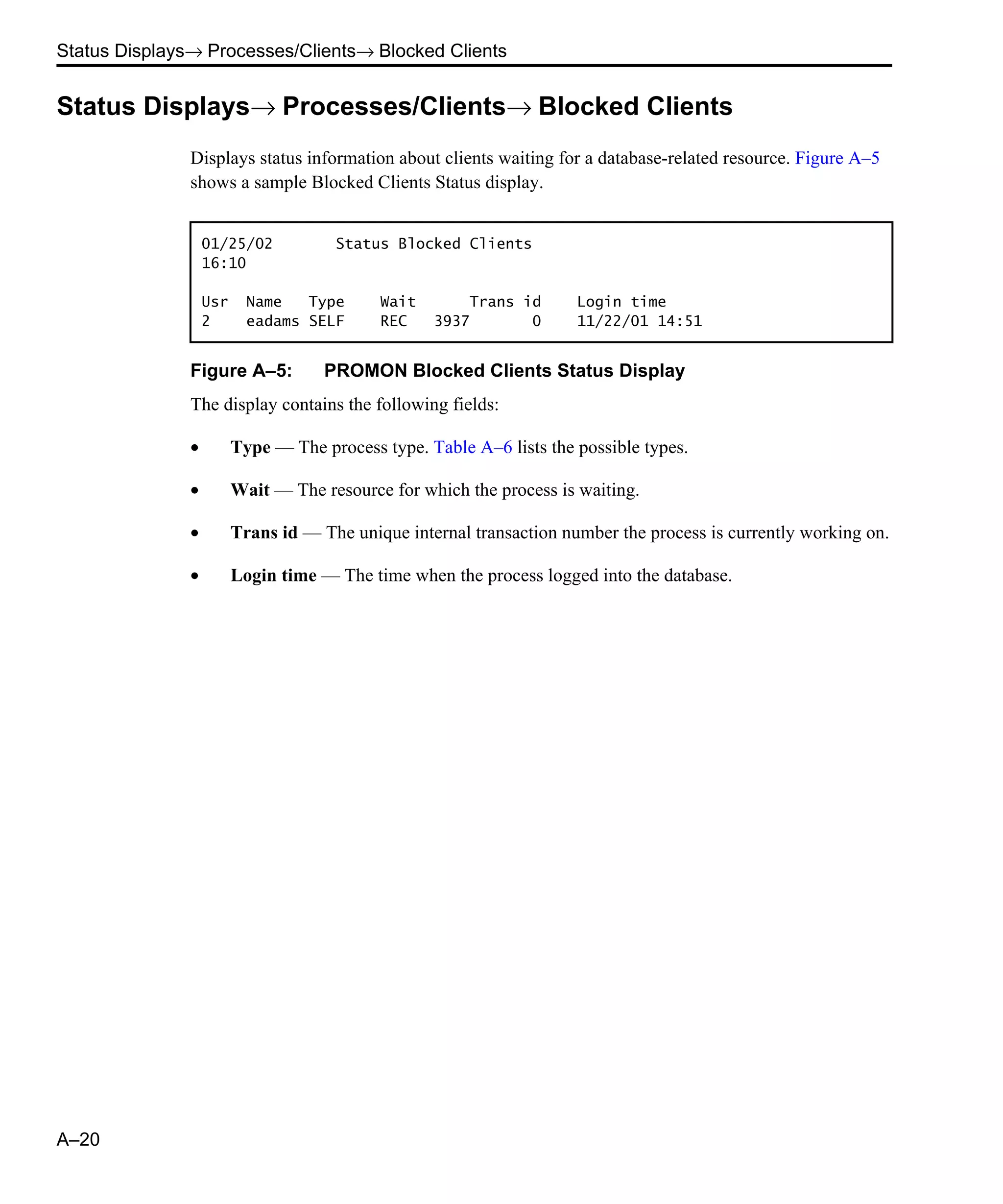 Status Displays→ Processes/Clients→ Blocked Clients A–20 Status Displays→ Processes/Clients→ Blocked Clients Displays status information about clients waiting for a database-related resource. Figure A–5 shows a sample Blocked Clients Status display. Figure A–5: PROMON Blocked Clients Status Display The display contains the following fields: • Type — The process type. Table A–6 lists the possible types. • Wait — The resource for which the process is waiting. • Trans id — The unique internal transaction number the process is currently working on. • Login time — The time when the process logged into the database. 01/25/02 Status Blocked Clients 16:10 Usr Name Type Wait Trans id Login time 2 eadams SELF REC 3937 0 11/22/01 14:51 