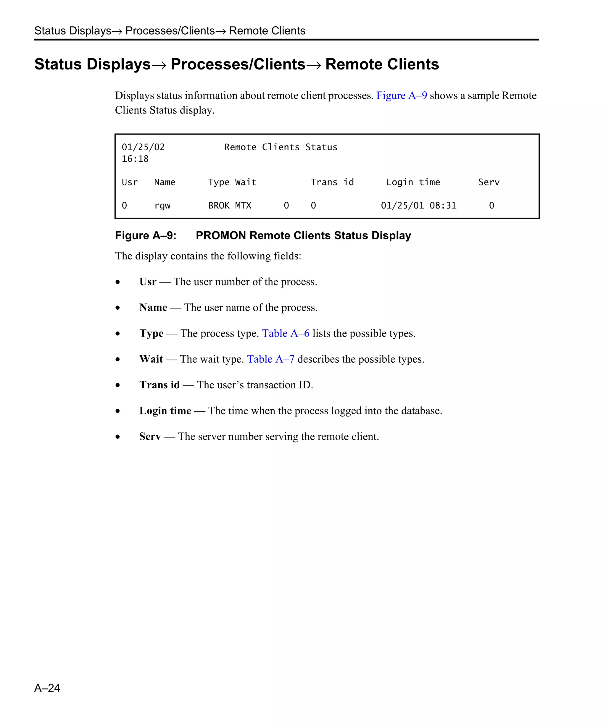 Status Displays→ Processes/Clients→ Remote Clients A–24 Status Displays→ Processes/Clients→ Remote Clients Displays status information about remote client processes. Figure A–9 shows a sample Remote Clients Status display. Figure A–9: PROMON Remote Clients Status Display The display contains the following fields: • Usr — The user number of the process. • Name — The user name of the process. • Type — The process type. Table A–6 lists the possible types. • Wait — The wait type. Table A–7 describes the possible types. • Trans id — The user’s transaction ID. • Login time — The time when the process logged into the database. • Serv — The server number serving the remote client. 01/25/02 Remote Clients Status 16:18 Usr Name Type Wait Trans id Login time Serv 0 rgw BROK MTX 0 0 01/25/01 08:31 0 