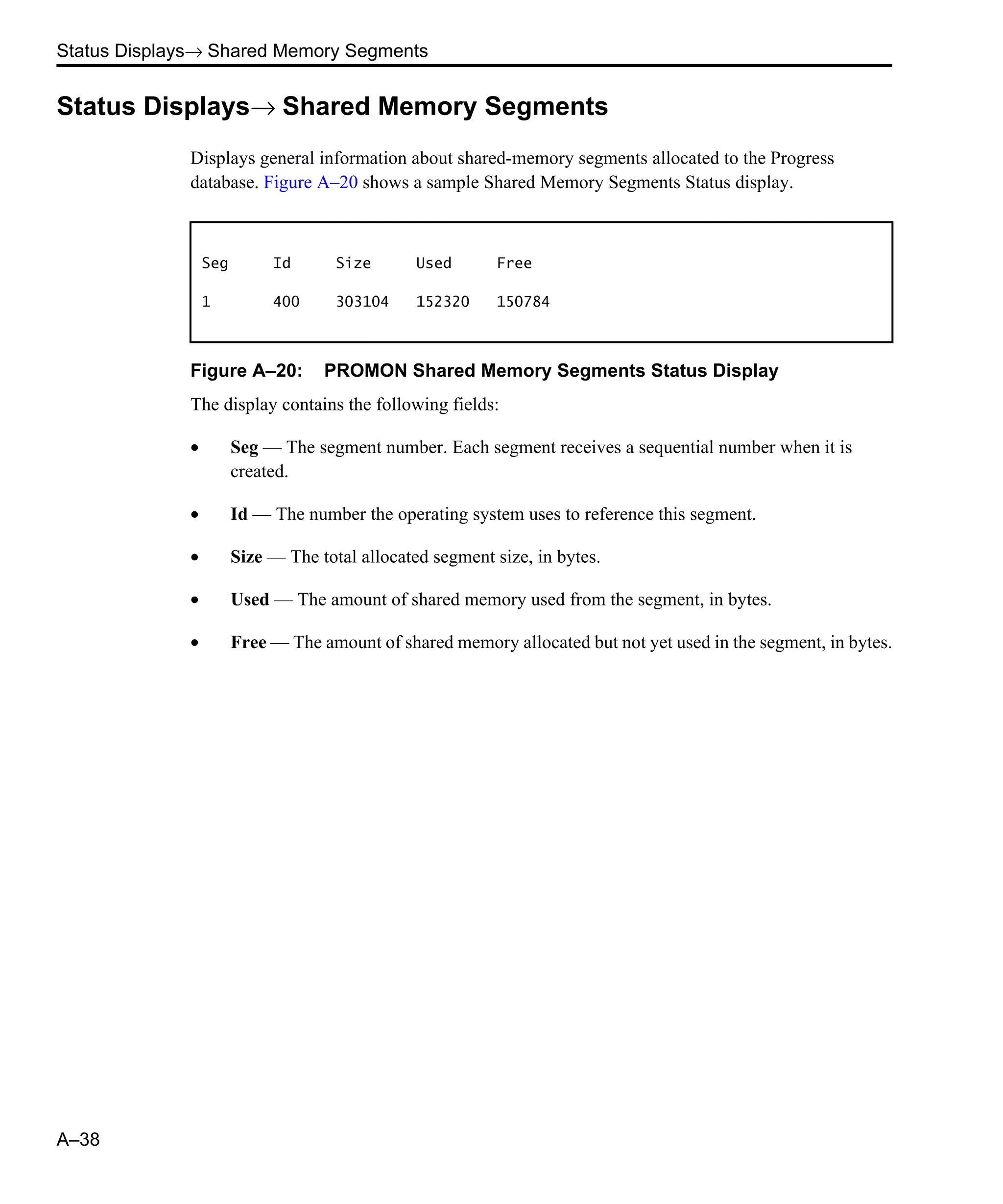 Status Displays→ Shared Memory Segments A–38 Status Displays→ Shared Memory Segments Displays general information about shared-memory segments allocated to the Progress database. Figure A–20 shows a sample Shared Memory Segments Status display. Figure A–20: PROMON Shared Memory Segments Status Display The display contains the following fields: • Seg — The segment number. Each segment receives a sequential number when it is created. • Id — The number the operating system uses to reference this segment. • Size — The total allocated segment size, in bytes. • Used — The amount of shared memory used from the segment, in bytes. • Free — The amount of shared memory allocated but not yet used in the segment, in bytes. Seg Id Size Used Free 1 400 303104 152320 150784 