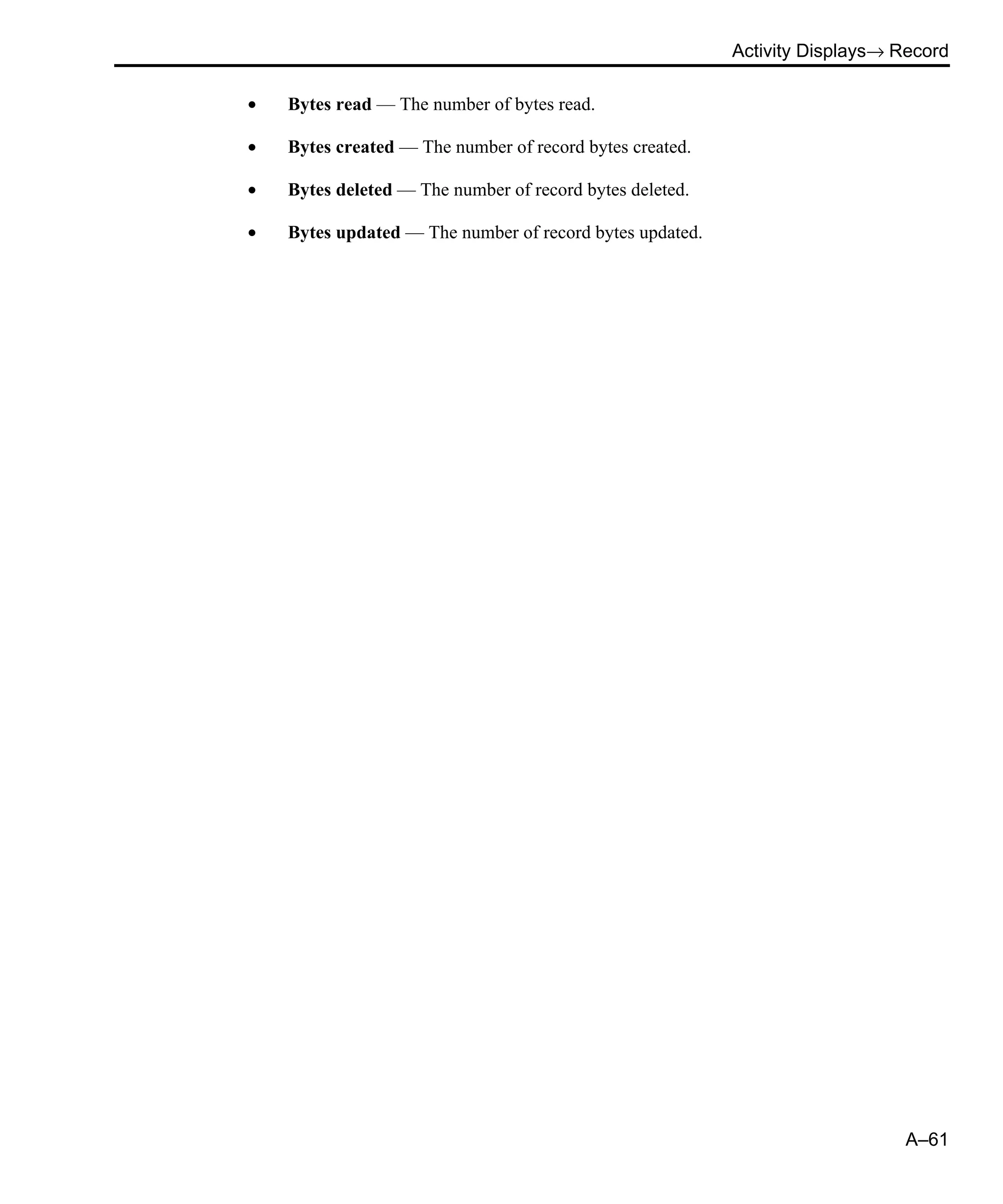 Activity Displays→ Record A–61 • Bytes read — The number of bytes read. • Bytes created — The number of record bytes created. • Bytes deleted — The number of record bytes deleted. • Bytes updated — The number of record bytes updated. 