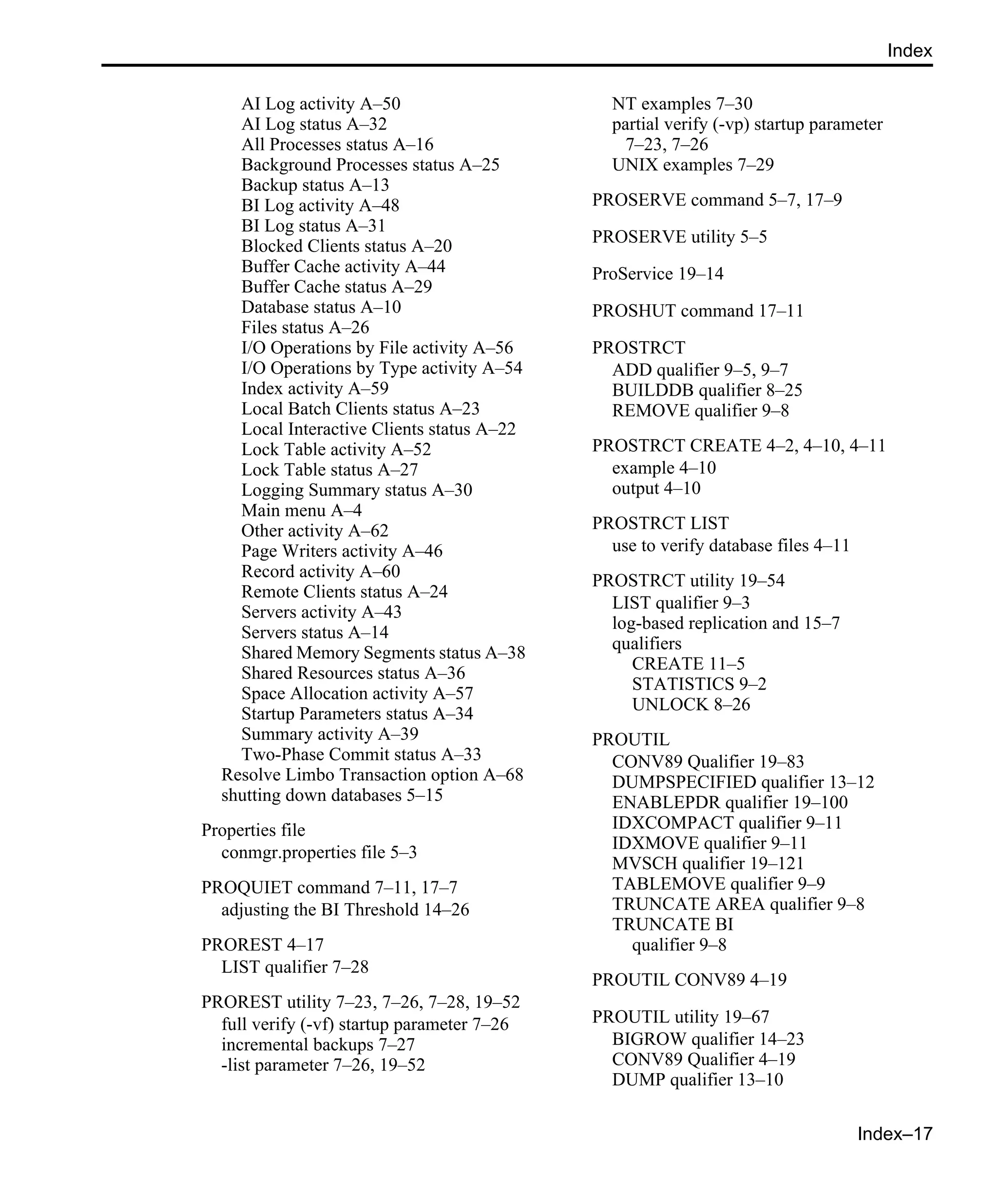 Index–17 Index AI Log activity A–50 AI Log status A–32 All Processes status A–16 Background Processes status A–25 Backup status A–13 BI Log activity A–48 BI Log status A–31 Blocked Clients status A–20 Buffer Cache activity A–44 Buffer Cache status A–29 Database status A–10 Files status A–26 I/O Operations by File activity A–56 I/O Operations by Type activity A–54 Index activity A–59 Local Batch Clients status A–23 Local Interactive Clients status A–22 Lock Table activity A–52 Lock Table status A–27 Logging Summary status A–30 Main menu A–4 Other activity A–62 Page Writers activity A–46 Record activity A–60 Remote Clients status A–24 Servers activity A–43 Servers status A–14 Shared Memory Segments status A–38 Shared Resources status A–36 Space Allocation activity A–57 Startup Parameters status A–34 Summary activity A–39 Two-Phase Commit status A–33 Resolve Limbo Transaction option A–68 shutting down databases 5–15 Properties file conmgr.properties file 5–3 PROQUIET command 7–11, 17–7 adjusting the BI Threshold 14–26 PROREST 4–17 LIST qualifier 7–28 PROREST utility 7–23, 7–26, 7–28, 19–52 full verify (-vf) startup parameter 7–26 incremental backups 7–27 -list parameter 7–26, 19–52 NT examples 7–30 partial verify (-vp) startup parameter 7–23, 7–26 UNIX examples 7–29 PROSERVE command 5–7, 17–9 PROSERVE utility 5–5 ProService 19–14 PROSHUT command 17–11 PROSTRCT ADD qualifier 9–5, 9–7 BUILDDB qualifier 8–25 REMOVE qualifier 9–8 PROSTRCT CREATE 4–2, 4–10, 4–11 example 4–10 output 4–10 PROSTRCT LIST use to verify database files 4–11 PROSTRCT utility 19–54 LIST qualifier 9–3 log-based replication and 15–7 qualifiers CREATE 11–5 STATISTICS 9–2 UNLOCK 8–26 PROUTIL CONV89 Qualifier 19–83 DUMPSPECIFIED qualifier 13–12 ENABLEPDR qualifier 19–100 IDXCOMPACT qualifier 9–11 IDXMOVE qualifier 9–11 MVSCH qualifier 19–121 TABLEMOVE qualifier 9–9 TRUNCATE AREA qualifier 9–8 TRUNCATE BI qualifier 9–8 PROUTIL CONV89 4–19 PROUTIL utility 19–67 BIGROW qualifier 14–23 CONV89 Qualifier 4–19 DUMP qualifier 13–10 
