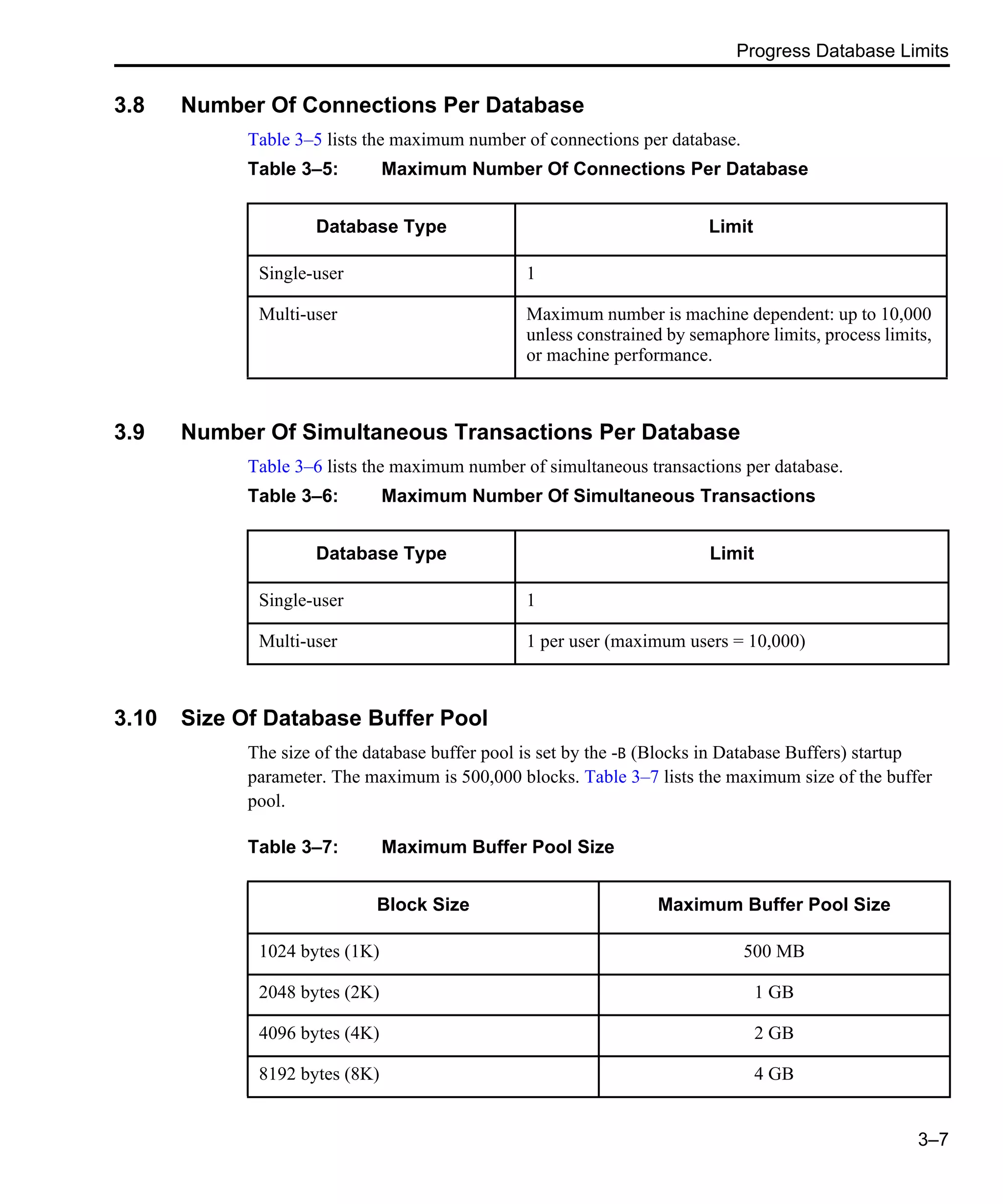 Progress Database Limits 3–7 3.8 Number Of Connections Per Database Table 3–5 lists the maximum number of connections per database. 3.9 Number Of Simultaneous Transactions Per Database Table 3–6 lists the maximum number of simultaneous transactions per database. 3.10 Size Of Database Buffer Pool The size of the database buffer pool is set by the -B (Blocks in Database Buffers) startup parameter. The maximum is 500,000 blocks. Table 3–7 lists the maximum size of the buffer pool. Table 3–5: Maximum Number Of Connections Per Database Database Type Limit Single-user 1 Multi-user Maximum number is machine dependent: up to 10,000 unless constrained by semaphore limits, process limits, or machine performance. Table 3–6: Maximum Number Of Simultaneous Transactions Database Type Limit Single-user 1 Multi-user 1 per user (maximum users = 10,000) Table 3–7: Maximum Buffer Pool Size Block Size Maximum Buffer Pool Size 1024 bytes (1K) 500 MB 2048 bytes (2K) 1 GB 4096 bytes (4K) 2 GB 8192 bytes (8K) 4 GB 