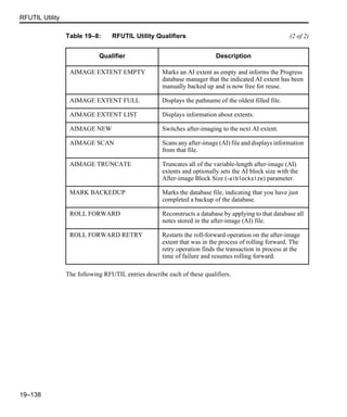 RFUTIL Utility
19–138
The following RFUTIL entries describe each of these qualifiers.
AIMAGE EXTENT EMPTY Marks an AI extent as empty and informs the Progress
database manager that the indicated AI extent has been
manually backed up and is now free for reuse.
AIMAGE EXTENT FULL Displays the pathname of the oldest filled file.
AIMAGE EXTENT LIST Displays information about extents.
AIMAGE NEW Switches after-imaging to the next AI extent.
AIMAGE SCAN Scans any after-image (AI) file and displays information
from that file.
AIMAGE TRUNCATE Truncates all of the variable-length after-image (AI)
extents and optionally sets the AI block size with the
After-image Block Size (-aiblocksize) parameter.
MARK BACKEDUP Marks the database file, indicating that you have just
completed a backup of the database.
ROLL FORWARD Reconstructs a database by applying to that database all
notes stored in the after-image (AI) file.
ROLL FORWARD RETRY Restarts the roll-forward operation on the after-image
extent that was in the process of rolling forward. The
retry operation finds the transaction in process at the
time of failure and resumes rolling forward.
Table 19–8: RFUTIL Utility Qualifiers (2 of 2)
Qualifier Description
 