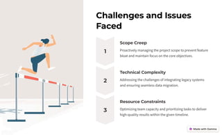 Challenges and Issues
Faced
1
Scope Creep
Proactively managing the project scope to prevent feature
bloat and maintain focus on the core objectives.
2
Technical Complexity
Addressing the challenges of integrating legacy systems
and ensuring seamless data migration.
3
Resource Constraints
Optimizing team capacity and prioritizing tasks to deliver
high-quality results within the given timeline.
 