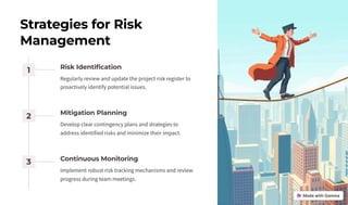 Strategies for Risk
Management
1 Risk Identification
Regularly review and update the project risk register to
proactively identify potential issues.
2 Mitigation Planning
Develop clear contingency plans and strategies to
address identified risks and minimize their impact.
3 Continuous Monitoring
Implement robust risk tracking mechanisms and review
progress during team meetings.
 