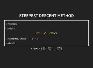 STEEPEST DESCENT METHOD
1. initialize
2. update
3. back to step2 until
4. return
x
x
← − α∇f ( )x
k+1
x
k
x
k
| − | < εx
k+1
x
k
x
※ ∇f (x) =
( , , …,
)
∂f (x)
∂x1
∂f (x)
∂x2
∂f (x)
∂xn
 