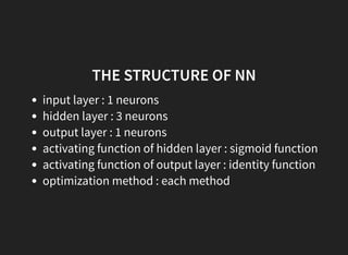 THE STRUCTURE OF NN
input layer : 1 neurons
hidden layer : 3 neurons
output layer : 1 neurons
activating function of hidden layer : sigmoid function
activating function of output layer : identity function
optimization method : each method
 