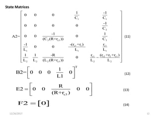 12/26/2017 12
1 1
2
3 c3 3
c1 1 c1
1 1 1
c1 c2 2 c1
2 2 2 c3 2 2
1 -1
0 0 0
C C
-1
0 0 0 0
C
-1 1
0 0 0A2=
(C (R+r )) C
-(r +r ) r-1
0 0
L L L
r (r +r +r )1 1 -R
0
L L (L (R+r )) L L
 
 
 
 
 
 
 
 
 
 
 
 
 
 
 
T
1
B2= 0 0 0 0
L1
 
  
c3
R
E2 0 0 0 0
(R+r )
 
  
 
 F2 0
State Matrices
(11)
(12)
(13)
(14)
 