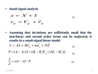 • Small signal analysis
• Assuming that deviations are sufficiently small that the
non-linear and second order terms can be neglected, it
results in a small-signal linear model
12/26/2017 6
g g g
x X x
v V v
 
 
g zx Ax Bv mi Pd   
1 2 1 2 1 2( ) ( ) ( )g zP A A X B B V M M I     
1
( )
x
sI A P
d

 
(2)
(3)
(4)
(5)
 