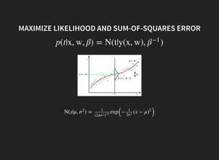 MAXIMIZE LIKELIHOOD AND SUM-OF-SQUARES ERROR
p(t|x, w, β) = N(t|y(x, w), )β−1
N(x|μ, ) = exp
(
− (x − μ )
σ2 1
(2πσ2
)
1/2
1
2σ2
)
2
 