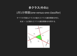 多クラス(その2)
1対1分類器(one-versus-one classifier)
すべての可能なクラスの組の２クラス識別関数を考え，
個の２クラス識別関数を利用する．K(K − 1)/2
 