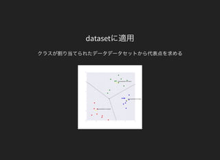 datasetに適用
クラスが割り当てられたデータデータセットから代表点を求める
 