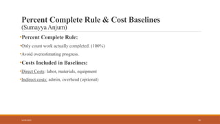 10
Percent Complete Rule & Cost Baselines
(Sumayya Anjum)
•Percent Complete Rule:
•Only count work actually completed. (100%)
•Avoid overestimating progress.
•Costs Included in Baselines:
•Direct Costs: labor, materials, equipment
•Indirect costs: admin, overhead (optional)
16/05/2025
 