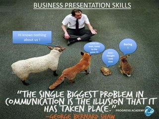 PROGRESS ACADEMY
BUSINESS PRESENTATION SKILLS
Boring
!
And I
thought
I was
slow
Hi knows nothing
about us !
Come on
man, come
to the
point !!!
 