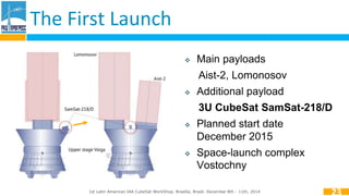  Main payloads 
Aist-2, Lomonosov 
 Additional payload 
3U CubeSat SamSat-218/D 
 Planned start date 
December 2015 
 Space-launch complex 
Vostochny 
The First Launch 
1st Latin American IAA CubeSat WorkShop. Brasília, Brasil. December 8th - 11th, 2014 
23 
 