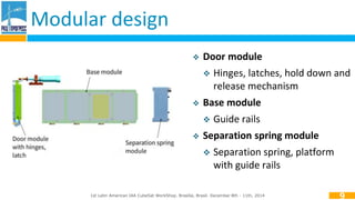 Modular design 
 Door module 
 Hinges, latches, hold down and 
release mechanism 
 Base module 
 Guide rails 
 Separation spring module 
 Separation spring, platform 
with guide rails 
1st Latin American IAA CubeSat WorkShop. Brasília, Brasil. December 8th - 11th, 2014 
9 
 