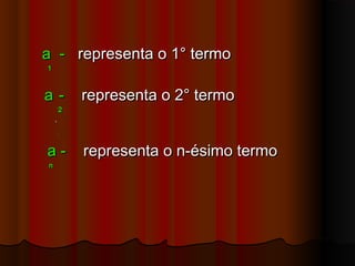 a -a - representa o 1° termorepresenta o 1° termo
11
aa -- representa o 2° termorepresenta o 2° termo
22
..
..
..
a -a - representa o n-ésimo termorepresenta o n-ésimo termo
nn
 