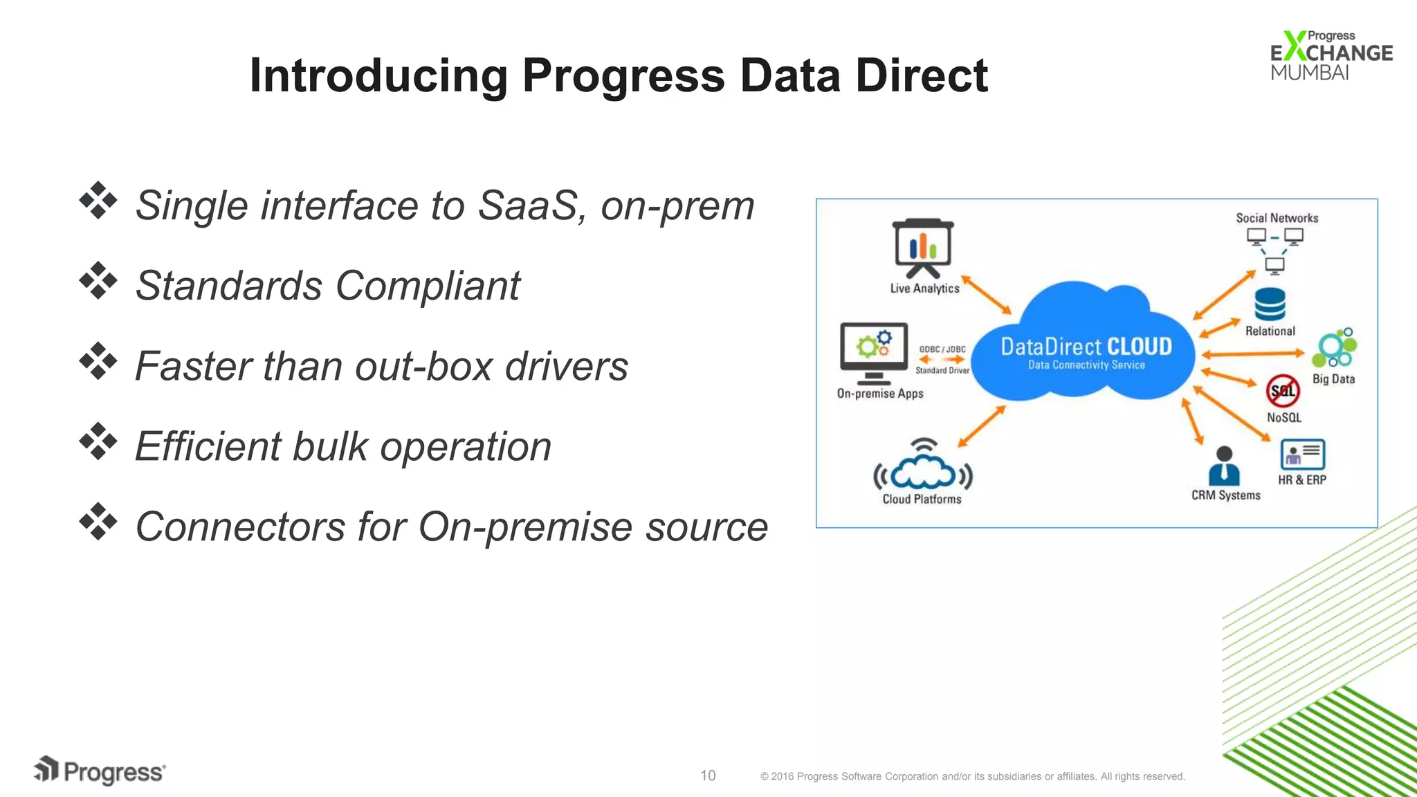 © 2016 Progress Software Corporation and/or its subsidiaries or affiliates. All rights reserved.10
Introducing Progress Data Direct
 Single interface to SaaS, on-prem
 Standards Compliant
 Faster than out-box drivers
 Efficient bulk operation
 Connectors for On-premise source
 