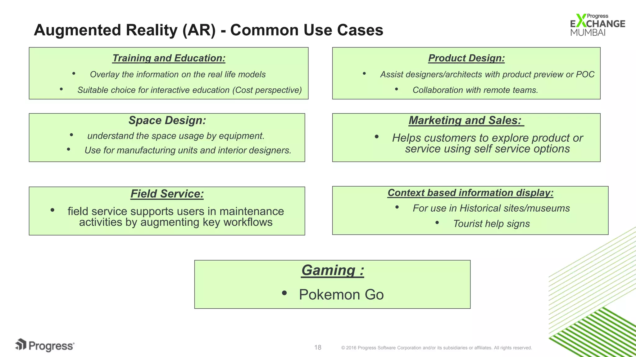© 2016 Progress Software Corporation and/or its subsidiaries or affiliates. All rights reserved.18
Augmented Reality (AR) - Common Use Cases
Training and Education:
• Overlay the information on the real life models
• Suitable choice for interactive education (Cost perspective)
Product Design:
• Assist designers/architects with product preview or POC
• Collaboration with remote teams.
Space Design:
• understand the space usage by equipment.
• Use for manufacturing units and interior designers.
Marketing and Sales:
• Helps customers to explore product or
service using self service options
Field Service:
• field service supports users in maintenance
activities by augmenting key workflows
Context based information display:
• For use in Historical sites/museums
• Tourist help signs
Gaming :
• Pokemon Go
 