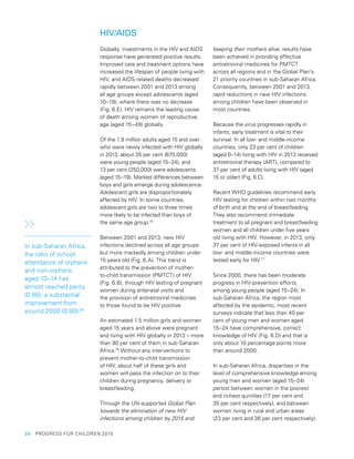 38  PROGRESS FOR CHILDREN 2015
HIV/AIDS
Globally, investments in the HIV and AIDS
response have generated positive results.
Improved care and treatment options have
increased the lifespan of people living with
HIV, and AIDS-related deaths decreased
rapidly between 2001 and 2013 among
all age groups except adolescents (aged
10–19), where there was no decrease
(Fig. 6.E). HIV remains the leading cause
of death among women of reproductive
age (aged 15–49) globally.
Of the 1.9 million adults aged 15 and over
who were newly infected with HIV globally
in 2013, about 35 per cent (670,000)
were young people (aged 15–24), and
13 per cent (250,000) were adolescents
(aged 15–19). Marked differences between
boys and girls emerge during adolescence.
Adolescent girls are disproportionately
affected by HIV. In some countries,
adolescent girls are two to three times
more likely to be infected than boys of
the same age group.75
Between 2001 and 2013, new HIV
infections declined across all age groups
but more markedly among children under
15 years old (Fig. 6.A). This trend is
attributed to the prevention of mother-
to-child transmission (PMTCT) of HIV
(Fig. 6.B), through HIV testing of pregnant
women during antenatal visits and
the provision of antiretroviral medicines
to those found to be HIV positive.
An estimated 1.5 million girls and women
aged 15 years and above were pregnant
and living with HIV globally in 2013 – more
than 90 per cent of them in sub-Saharan
Africa.76
Without any interventions to
prevent mother-to-child transmission
of HIV, about half of these girls and
women will pass the infection on to their
children during pregnancy, delivery or
breastfeeding.
Through the UN-supported Global Plan
towards the elimination of new HIV
infections among children by 2015 and
keeping their mothers alive, results have
been achieved in providing effective
antiretroviral medicines for PMTCT
across all regions and in the Global Plan’s
21 priority countries in sub-Saharan Africa.
Consequently, between 2001 and 2013,
rapid reductions in new HIV infections
among children have been observed in
most countries.
Because the virus progresses rapidly in
infants, early treatment is vital to their
survival. In all low- and middle-income
countries, only 23 per cent of children
(aged 0–14) living with HIV in 2013 received
antiretroviral therapy (ART), compared to
37 per cent of adults living with HIV (aged
15 or older) (Fig. 6.C).
Recent WHO guidelines recommend early
HIV testing for children within two months
of birth and at the end of breastfeeding.
They also recommend immediate
treatment to all pregnant and breastfeeding
women and all children under five years
old living with HIV. However, in 2013, only
37 per cent of HIV-exposed infants in all
low- and middle-income countries were
tested early for HIV.77
Since 2000, there has been moderate
progress in HIV-prevention efforts
among young people (aged 15–24). In
sub-Saharan Africa, the region most
affected by the epidemic, most recent
surveys indicate that less than 40 per
cent of young men and women aged
15–24 have comprehensive, correct
knowledge of HIV (Fig. 6.D) and that is
only about 10 percentage points more
than around 2000.
In sub-Saharan Africa, disparities in the
level of comprehensive knowledge among
young men and women (aged 15–24)
persist between women in the poorest
and richest quintiles (17 per cent and
35 per cent respectively), and between
women living in rural and urban areas
(23 per cent and 36 per cent respectively).
In sub-Saharan Africa,
the ratio of school
attendance of orphans
and non-orphans
aged 10–14 has
almost reached parity
(0.96), a substantial
improvement from
around 2000 (0.80).80
 