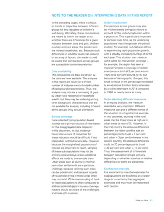 Note on data  61
NOTE TO THE READER ON INTERPRETING DATA IN THIS REPORT
In the preceding pages, there is a focus
on trends in disparities between different
groups for key indicators of children’s
well-being. Ultimately, these comparisons
are meant to inform the reader as to
whether there are differences for a given
indicator between boys and girls, children
in urban and rural areas, the poorest and
the richest households, etc. Because such
differences in indicator levels can depend
on an array of factors, the reader should
be aware that comparisons across groups
are susceptible to misinterpretation.
Data availability
The conclusions we draw are driven by
the data we have available. The analyses
in this report are based on a limited
number of indicators and a limited number
of background characteristics. Thus, the
analysis may indicate a narrowing of gaps
by urban-rural residence or household
wealth, but they may be widening among
other background characteristics that are
not available for analysis, including different
ethnic groups or by sexual orientation.
Survey coverage
Data collected from population-based
surveys are a primary source of information
for the disaggregated data displayed
in this document. In fact, evidence-
based discussions of disparities for
these indicators would be difficult, if not
impossible, without survey data. However,
because the marginalized populations of
interest are often hard to reach, samples
of these sub-populations may not be
entirely representative unless additional
efforts are made to oversample them.
Urban areas such as slums or informal
peri-urban settlements are a particular
challenge, because defining such areas
can be problematic and because records
of households living in these areas often
may not exist. While oversampling of hard-
to-reach populations is often conducted to
address potential gaps in survey coverage,
readers should be aware of the challenges
and trade-offs involved.
Underlying burden
Comparisons across groups may also
be misinterpreted owing to a failure to
account for the underlying burden within
a population. This is particularly important
to consider over time, as the underlying
populations may change over the period
studied. For example, sub-Saharan Africa
is experiencing rapid population growth,
with a steadily increasing number of births
each year. This situation can create an
uphill battle for intervention coverage –
for example, the region has seen a
modest increase in coverage of skilled
attendance at birth (43 per cent around
1990 to 52 per cent around 2014), but
because of demographic changes, this
small increase in the percentage translated
to an additional 9 million births attended
by a skilled attendant in 2014 compared
to 1990, or nearly twice as many.
Understanding different measures
In an equity analysis, the measure
selected is very important. Different
measures can give a different sense of
the situation. In a hypothetical example,
in two countries, stunting in the rural
areas may be three times as high as in
urban areas (a ratio of 3). However, in
the first country the absolute difference
between the rates could be just six
percentage points (rural = 9 per cent
and urban = 3 per cent) whereas in the
second country, the absolute difference
could be 20 percentage points (rural
= 30 per cent and urban = 10 per cent).
Thus, the assessment of differentials
between population groups will vary
depending on whether absolute or relative
differences (or both) are presented.
Confidence intervals
It is important to note that estimates for
subpopulations are bracketed by a larger
range of uncertainty than aggregate
estimates and thus must be interpreted
with caution.
 
