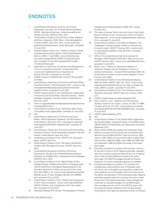 62  PROGRESS FOR CHILDREN 2015
ENDNOTES
1	 United Nations Educational, Scientific and Cultural
Organization, Education for All Global Monitoring Report
2013/4: Teaching and learning – Achieving quality for all:
Gender summary, UNESCO, Paris, 2014.
2	 United Nations Children’s Fund Division of Data, Research
and Policy, Generation 2030: Africa – Child demographics
in Africa, UNICEF, New York, 2014, <www.unicef.org/
publications/files/Generation_2030_Africa.pdf>, accessed
15 June 2015.
3	 Anderson Moore, Kristin, et al., ‘Children in Poverty: Trends,
consequences and policy options’, Child Trends Research
Brief, no. 2009–11, April 2009, <www.childtrends.org/
wp-content/uploads/2013/11/2009-11ChildreninPoverty.
pdf>, accessed 15 June 2015.uploads/2013/11/2009-
11ChildreninPoverty.pdf
4	 Organisation for Economic Co-operation and Development,
‘Focus on Inequality and Growth’, 9 December 2014,
<www.oecd.org/els/soc/Focus-Inequality-and-
Growth-2014.pdf>, accessed 15 June 2015.
5	 UNICEF analysis of UNAIDS 2001 and 2013 HIV and AIDS
estimates.
6	 United Nations, Department of Economic and Social Affairs,
Population Division, ‘World Population 2012’, <www.un.org/
en/development/desa/population/publications/trends/
wpp2012.shtml>, accessed 15 June 2015
7	 UNICEF analysis based on the United Nations, Department
of Economic and Social Affairs, Population Division,  World
Population Prospects: The 2012 revision, United Nations,
New York, 2013
8	 www.un.org/en/development/desa/population/publications/
trends/wpp2012.shtml
9	 United Nations Children’s Fund, ‘Generation 2030: Africa’,
<http://data.unicef.org/gen2030>, accessed 15 June 2015.
10	 Ibid.
11	 United Nations, Department of Economic and Social
Affairs, World Urbanization Prospects: The 2014 revision,
United Nations, New York, 2014, <http://esa.un.org/unpd/
wup/Highlights/WUP2014-Highlights.pdf>, accessed 15
June 2015.
12	 United Nations, Department of Economic and Social Affairs,
Population Division, World Urbanization Prospects: The 2014
revision, United Nations, New York, 2014.
13	 United Nations Children’s Fund, ‘UNICEF 4.0’, Discussion
paper, UNICEF, New York.
14	 United Nations Children’s Fund, The State of the World’s
Children 2015: Reimagine the future, UNICEF, New York,
2014.
15	 United Nations Educational, Scientific and Cultural
Organization, Education for All Global Monitoring Report:
Education for all 2000–2015 – Achievements and challenges,
UNESCO, Paris, 2015. 	
16	 United Nations Children’s Fund, Machel Study 10-Year
Strategic Review: Children and conflict in a changing world,
UNICEF and Office of the Special Representative of the
Secretary-General for Children and Armed Conflict, New
York, April 2009, p. 18, <www.unicef.org/publications/files/
Machel_Study_10_Year_Strategic_Review_EN_030909.
pdf>, accessed 15 June 2015.
17	 United Nations Children’s Fund, ‘Children and Emergencies
in 2014: Facts and figures’, <www.unicef.org/media/files/
UNICEF_Children_and_Emergencies_2014_fact_sheet.
pdf>, accessed 15 June 2015.
18	 Overseas Development Institute, The Geography of Poverty,
Disasters and Climate Extremes in 2030, ODI, London,
October 2013.
19	 This refers to Guinea, Sierra Leone and Liberia. See United
Nations Children’s Fund, ‘Humanitarian Action for Children:
Ebola response’, <www.unicef.org/appeals/ebola_response.
html>, accessed 15 June 2015.
20	 United Nations Children’s Fund Office of Research, The
Challenges of Climate Change: Children on the front line,
Innocenti Insight, UNICEF, Florence, 2014, <www.unicef-
irc.org/publications/pdf/ccc_final_2014.pdf>, accessed
15 June 2015.
21	 Office of the United Nations High Commissioner for
Refugees, UNHCR Global Trends 2013: War’s human cost,
UNHCR, Geneva, 2014, <www.unhcr.org/5399a14f9.html>,
accessed 15 June 2015.
22	 Bryant, John, ‘Children of International Migrants in
Indonesia, Thailand, and the Philippines: A review of
evidence and policies’,  Innocenti Working Papers 2005–05,
United Nations Children’s Fund Innocenti Research Centre,
Florence, April 2005.
23	 United Nations Children’s Fund, Narrowing the Gaps to
Meet the Goals, UNICEF, New York, 2010, <www.unicef.
org/publications/files/Narrowing_the_Gaps_to_Meet_the_
Goals_090310_2a.pdf>, accessed 15 June 2015.
24	 United Nations Children’s Fund, The Investment Case for
Education and Equity, UNICEF, New York, January  2015,
p.13.
25	 UNICEF analysis based on global databases 2015.
26	 Black, Robert E., et al., ‘Maternal and Child Nutrition:
Building momentum for impact’, Lancet, vol. 382, no. 9890,
3 August 2013, pp. 372–375, <www.thelancet.com/pdfs/
journals/lancet/PIIS0140-6736(13)60988-5.pdf>, accessed
15 June 2015.
27	 UNICEF global databases, 2015.
28	 Ibid.
29	 United Nations Children’s Fund, World Health Organization
and the World Bank, Levels and Trends in Child Malnutrition:
UNICEF-WHO-The World Bank Joint Malnutrition Estimates,
September 2014.
30	 Data for Brazil (2006) are outside of the noted year range.
31	 Based on a subset of 54 countries with comparable trend
data from around 2000 and 2014. Data from around  2000
refers to 1997–2003, and around 2014 refers to 2008–2014.
Data for Brazil (1996 and 2006), India (1998  and 2005–06),
and Uzbekistan (1996 and 2006) fall outside of the noted
year ranges.
32	 Estimates are based on a subset of 93 countries, covering
81 per cent of births in 2014. Regional estimates  represent
data from countries covering at least 50 per cent of regional
births. Data for Brazil (2006) are outside of the noted
year range. The CEE/CIS averages exclude the Russian
Federation, for which comparable data are not available.
33	 Estimates are based on a subset of 72 countries with
available data, covering 56 per cent of the global urban
and 75 per cent of the global rural population in 2000 and
covering 60 per cent of the global urban and 75 per cent of
the global rural population in 2014 (excluding India). Regional
estimates represent data from countries that cover at least
50 per cent of the regional population. Data coverage was
insufficient to calculate averages for the MENA region.
Data coverage was only met for the CEE/CIS region after
removing the Russian Federation from the denominator,
hence data for that region are presented without the Russian
 