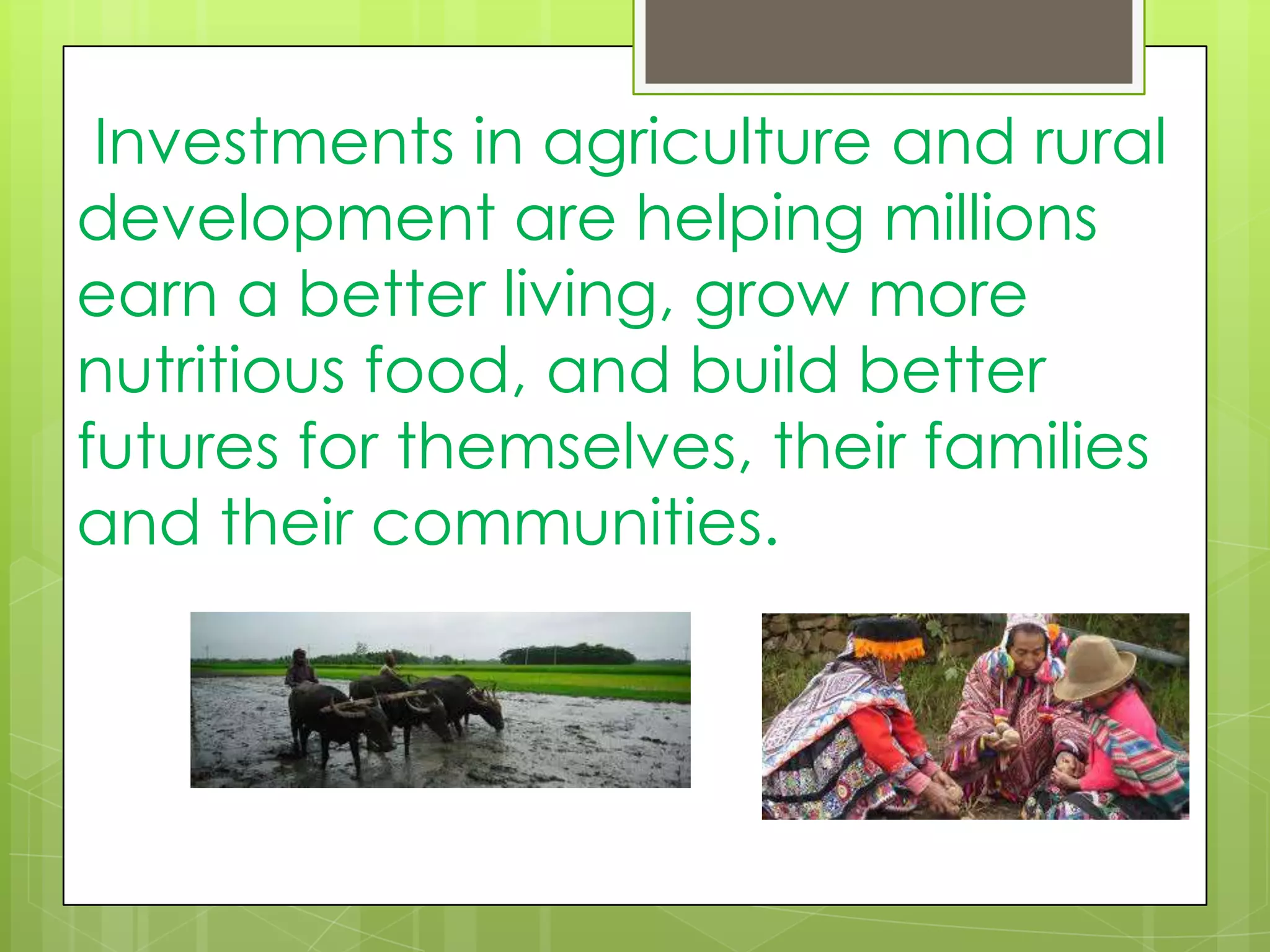 Investments in agriculture and rural
development are helping millions
earn a better living, grow more
nutritious food, and build better
futures for themselves, their families
and their communities.