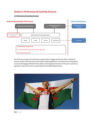 Section 2: Performance & Coaching Structure
2.1 Performance & Coaching Structure




The Off Track running community have an opportunity to engage with the Run Wales initiative to
raise the profile of off track events and enhance athlete experiences. The Performance and Coaching
structures will engage with both the Run Wales and Development functions of the sport. A joined up
approach is important for the successful delivery of all Welsh Athletics plans.




10 | P a g e
 