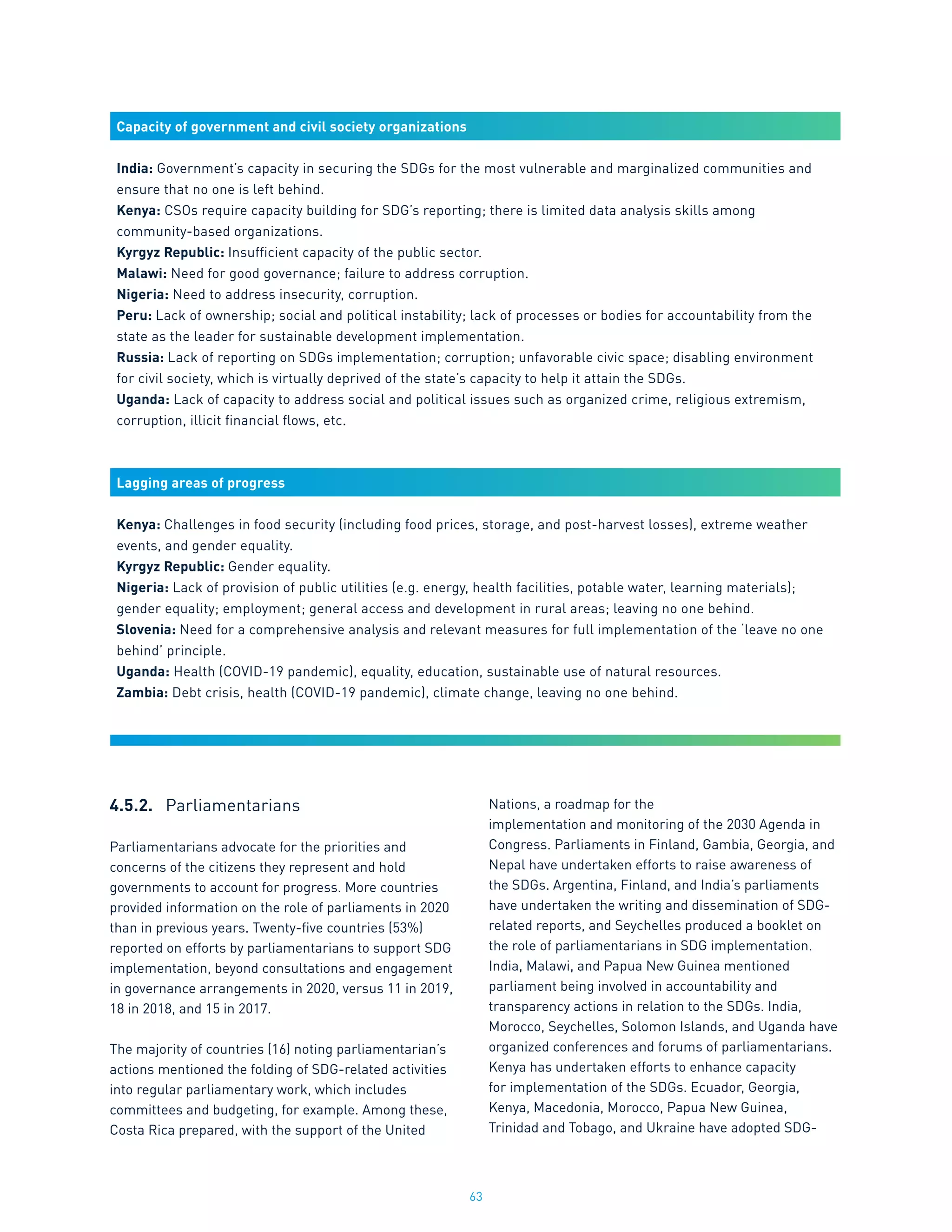 63
Capacity of government and civil society organizations
India: Government’s capacity in securing the SDGs for the most vulnerable and marginalized communities and
ensure that no one is left behind.
Kenya: CSOs require capacity building for SDG’s reporting; there is limited data analysis skills among
community-based organizations.
Kyrgyz Republic: Insufficient capacity of the public sector.
Malawi: Need for good governance; failure to address corruption.
Nigeria: Need to address insecurity, corruption.
Peru: Lack of ownership; social and political instability; lack of processes or bodies for accountability from the
state as the leader for sustainable development implementation.
Russia: Lack of reporting on SDGs implementation; corruption; unfavorable civic space; disabling environment
for civil society, which is virtually deprived of the state’s capacity to help it attain the SDGs.
Uganda: Lack of capacity to address social and political issues such as organized crime, religious extremism,
corruption, illicit financial flows, etc.
Lagging areas of progress
Kenya: Challenges in food security (including food prices, storage, and post-harvest losses), extreme weather
events, and gender equality.
Kyrgyz Republic: Gender equality.
Nigeria: Lack of provision of public utilities (e.g. energy, health facilities, potable water, learning materials);
gender equality; employment; general access and development in rural areas; leaving no one behind.
Slovenia: Need for a comprehensive analysis and relevant measures for full implementation of the ‘leave no one
behind’ principle.
Uganda: Health (COVID-19 pandemic), equality, education, sustainable use of natural resources.
Zambia: Debt crisis, health (COVID-19 pandemic), climate change, leaving no one behind.
4.5.2.	 Parliamentarians
Parliamentarians advocate for the priorities and
concerns of the citizens they represent and hold
governments to account for progress. More countries
provided information on the role of parliaments in 2020
than in previous years. Twenty-five countries (53%)
reported on efforts by parliamentarians to support SDG
implementation, beyond consultations and engagement
in governance arrangements in 2020, versus 11 in 2019,
18 in 2018, and 15 in 2017.
The majority of countries (16) noting parliamentarian’s
actions mentioned the folding of SDG-related activities
into regular parliamentary work, which includes
committees and budgeting, for example. Among these,
Costa Rica prepared, with the support of the United
Nations, a roadmap for the
implementation and monitoring of the 2030 Agenda in
Congress. Parliaments in Finland, Gambia, Georgia, and
Nepal have undertaken efforts to raise awareness of
the SDGs. Argentina, Finland, and India’s parliaments
have undertaken the writing and dissemination of SDG-
related reports, and Seychelles produced a booklet on
the role of parliamentarians in SDG implementation.
India, Malawi, and Papua New Guinea mentioned
parliament being involved in accountability and
transparency actions in relation to the SDGs. India,
Morocco, Seychelles, Solomon Islands, and Uganda have
organized conferences and forums of parliamentarians.
Kenya has undertaken efforts to enhance capacity
for implementation of the SDGs. Ecuador, Georgia,
Kenya, Macedonia, Morocco, Papua New Guinea,
Trinidad and Tobago, and Ukraine have adopted SDG-
 