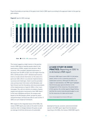 42
Figure 8 provides an overview of the goals most cited in VNR reports according to the approach taken to the goal-by-
goal analysis.
45
40
35
30
25
20
15
10
5
0
Number
of
countries
Figure 8. Specific SDG coverage
1. No
poverty
2. Zero
hunger
3. Good
health
and
well-being
4. Quality education
5. Gender equality
6. Clean
water and
sanitation
7. Affordable
and
clean
energy
8. Decent work
and
econom
ic growth
9. Industry, innovation
and
infrastructure
10. Reduced
inequalities
11. Sustainable
cities and
com
m
unities
12. Responsible
consum
ption
and
production
13. Clim
ate
action
14. Life
below
water
15. Life
on
land
16. Peace, justice
and
strong
institutions
17. Partnerships for the
goals
33 33 33 33 33 33 33 33 33 33 33 33 33 33 33 33 33
7 6
9 9 8 6 7
9
6 5 6 5 7
1
5
9 8
All SDGs
Goals: Limited set of SDGs
The review suggests a slight reverse in the positive
trend in VNR reports towards greater detail in the
examination of SDGs, targets and indicators. Most
countries, 79%, provided a detailed examination, a
decrease from the 89% of 2019, but still higher than the
65% in 2018 and 64% in 2017. Detailed examinations
tend to include overall information on the status of a
particular SDG, efforts to accelerate implementation,
successes and challenges. Seven countries provided
only summary level information while Barbados and
Saint Vincent and the Grenadines did not provide details
of the implementation of specific SDGs in their main
messages. Peru did not mention an analysis of goals,
targets and indicators mentioned in their VNR report.
In the case of Moldova and Syria, the analysis was
based on the 5Ps (people, planet, prosperity, peace
and partnership), and Syria was able to cover all the 17
SDGs via such analytical framework.
With respect to the integrated nature of the SDGs, the
review of VNR reports also looks at the extent to which
countries refer to linkages between the goals as well
as coverage of all three dimensions of sustainable
development (social, economic and environmental)
overall in the VNR report. Apart from the detailed
reporting on the SDGs, the review of 2020 VNR reports
A CASE STUDY IN GOOD
PRACTICE: Reporting on SDG 14
in Armenia’s VNR report
Armenia’s VNR report covers SDG 14 (Life below
water), which is not a customary practice for
landlocked countries. Although this SDG is not
subject to nationalization, the VNR report highlights
that Armenia pays special attention to the
management of fish resources, the preservation
of fish species, the combat against illegal fishing,
and that the country had allocated budget to care
for the resources of a lake and its basin.
Source: Except adapted from Armenia’s VNR report.
 