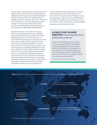 43
found a reverse in the decline seen in previous years with
regards to the number of countries making applicable
linkages to all three aspects of sustainable development
between the goals. In 2019, 25% made references to
linkages versus 37% in 2018 and 49% in 2017. Conversely,
51% of the countries reporting in 2020 provided such
linkages. This result may positively indicate that
countries are working towards ensuring integration in
their approaches to 2030 Agenda implementation.
Despite the increase in the number of countries
referring to linkages between the goals, 2020 VNR
reports showed a decline in the number of countries
giving equal attention to all three dimensions of
sustainable development. Figure 9 provides an overview
of the extent to which countries examined all three
dimensions of sustainable development.31
Twenty-
three countries, or %49, placed equal emphasis on the
three dimensions of sustainable development in 2020,
versus %57( 27) in %63( 29 ,2019) in 2018 and %75( 33)
in 2017. Thirteen countries (%28) addressed all three
dimensions of sustainable development but placed
greater importance on the social. Brunei Darussalam
and Zambia addressed all dimensions of sustainable
development but put greater emphasis on the economy.
Conversely, the Democratic Republic of the Congo,
and Solomon Islands put a more limited focus on
economy. Gambia, Georgia, Honduras, Peru, Ukraine,
and Uzbekistan gave more limited attention to the
environment. No countries placed limited focus on the
social dimensions. Overall, the review of VNR reports
over 2020-2017 suggests a worrisome decline in terms
of the extent to which countries are reporting integrated
approaches to implementing the SDGs.
A CASE STUDY IN GOOD
PRACTICE: Interlinking the three
dimensions in Samoa
Samoa’s second VNR analyzed the country’s
priority areas established by its development
strategy and highlighted that such strategy
shares the 2030 Agenda’s interlinkages of the
three dimensions of sustainable development.
In the goal-by-goal analysis of the VNR report,
specific sections named “interlinkages” indicate
such interrelations for each SDG.
Source: Excerpt adapted from Samoa’s VNR report.
ALL DIMENSIONS
OF SUSTAINABLE
DEVELOPMENT:
23 COUNTRIES
– Greater focus on economic: 2 countries
– More limited focus on economic: 2 countries
– Greater focus on social: 13 countries
– More limited focus on social: No countries
– Greater focus on environmental: No countries
– More limited focus on environmental: 6 countries
ECONOMIC
SOCIAL
ENVIRONMENTAL
Figure 9. Attention to social, economic and environmental dimensions of sustainable development in VNR reports
31.	 Barbados is excluded from Figure 9 as it did not provide information on this matter.
 