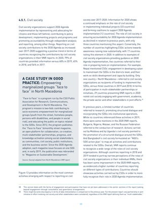 60
4.5.1.	Civil society
Civil society organizations support 2030 Agenda
implementation by representing and advocating for
citizens and those left behind, contributing to policy
development, implementing projects and programs and
promoting accountability through independent analysis
and reporting, among other things. Reporting on civil
society contributions to the 2030 Agenda as increased
over 2017-2020 suggesting a positive trend in terms of
countries recognizing the contributions by civil society
organizations in their VNR reports. In 2020, 79% of
countries provided information versus 68% in 2019, 65%
in 2018, and 56% in 2017.
Figure 13 provides information on the most common
activities emerging with respect to reporting on civil
society over 2017-2020. Information for 2020 shows
a continued emphasis on the role of civil society
in implementing individual projects (23 countries)
and forming coalitions to support 2030 Agenda
implementation (12 countries). The role of civil society in
ensuring accountability for 2030 Agenda implementation
as declined in relation to previous years, with only
three countries mentioning this aspect. Conversely, the
number of countries highlighting CSOs’ actions towards
awareness raising rose substantially, with 17 countries
noting this element in 2020. In addition to examples of
civil society organizations providing guidance on 2030
Agenda implementation, five countries referred to their
role in preparing tools on implementation. For example,
Nepal mentioned CSOs’ engagement in developing a plan
to mainstream the SDGs in the districts level, and their
work on skills development and capacity building. Only
one country – North Macedonia – referred to civil society
organizations as recipients of funding to implement the
SDGs, versus three countries in 2019 and 2018. In terms
of participation in multi-stakeholder partnerships or
initiatives, 29 countries presenting VNR reports in 2020
noted civil society engaging with government, academia,
the private sector and other stakeholders in joint efforts.39
In previous years, a limited number of countries
referred to research, promoting structured dialogue and
incorporating the SDGs into institutional operations.
While no countries referenced these activities in 2019,
there were some mentions in the 2020 VNR reports.
Bulgaria, Nigeria, Malawi, and the Russian Federation
referred to the conduction of research. Actions carried
out by Moldova and by Uganda’s civil society pointed to
the promotion of a structured dialogue around the SDGs.
And Bangladesh’s civil society formulated an “NGO’s
SDG action plan” to map all activities and contributions
related to the SDGs. Overall, VNR reports continue
to recognize a wide range of the roles of civil society
organizations. Although countries reporting in 2018 and
2019 tended to portray narrow perceptions of the roles of
civil society organizations in their individual VNRs, there
has been some improvement in the 2020 VNR reports,
as evidenced a higher number of countries reporting
on different types of contributions. Countries should
showcase activities carried out by CSOs in order to more
fully recognize their role in 2030 Agenda implementation.
A CASE STUDY IN GOOD
PRACTICE: Empowering
marginalized groups “face to
face” in North Macedonia
“Face to Face” is a program run by the CSO Public
Association for Research, Communications,
and Development in North Macedonia. The
program’s mission is two-fold: contributing to
socio-economic empowerment for marginalized
groups (youth from the street, homeless people,
persons with disabilities, and people in social
risk), and educating the public on topics related
to the SDGs. Since 2012, the program publishes
the “Face to Face” bimonthly street magazine,
an open platform for collaboration, co-creation,
multi-stakeholder partnerships, progress, and
knowledge activation among social stakeholders
as communities, civil society, public institutions,
and the business sector. Since the 2030 Agenda
adoption, each magazine issue focuses on one SDG
and, in early 2019, the publication was rebranded
to “Magazine on Sustainable Development.”
Source: Excerpt adapted from North Macedonia’s VNR report.
38.	 This section deals with the forms of engagement and participation that have not yet been addressed in the earlier sections of the report looking
beyond engagement through consultation and governance arrangements.
39.	 There might be some discrepancy in terms of data interpretation in comparison to the previous year. For the present report, any partnership or joint
initiative or effort involving civil society and other stakeholders were considered, regardless of the VNR report defining them as “multi-stakeholder.”
 