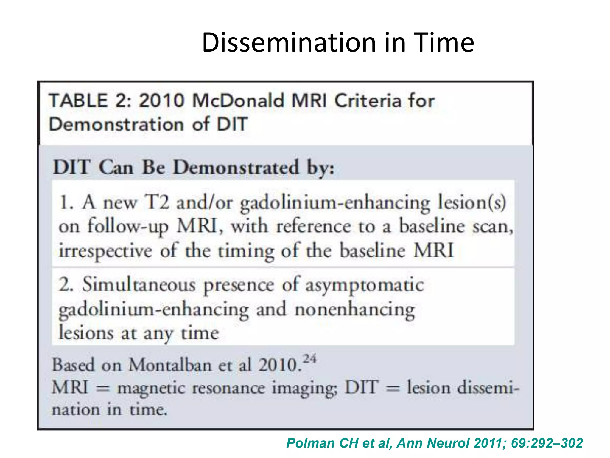 Dissemination in Time
Polman CH et al, Ann Neurol 2011; 69:292–302
 