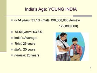 39
India’s Age: YOUNG INDIA
 0-14 years: 31.1% (male 190,000,000 /female
172,890,000)
 15-64 years: 63.6%
 India’s Average:
 Total: 25 years
 Male: 25 years
 Female: 26 years
 