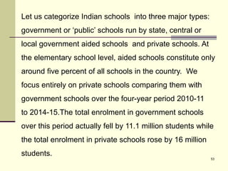 53
Let us categorize Indian schools into three major types:
government or ‘public’ schools run by state, central or
local government aided schools and private schools. At
the elementary school level, aided schools constitute only
around five percent of all schools in the country. We
focus entirely on private schools comparing them with
government schools over the four-year period 2010-11
to 2014-15.The total enrolment in government schools
over this period actually fell by 11.1 million students while
the total enrolment in private schools rose by 16 million
students.
 