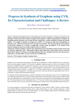 Progress in Synthesis of Graphene using CVD, Its Characterization and ...