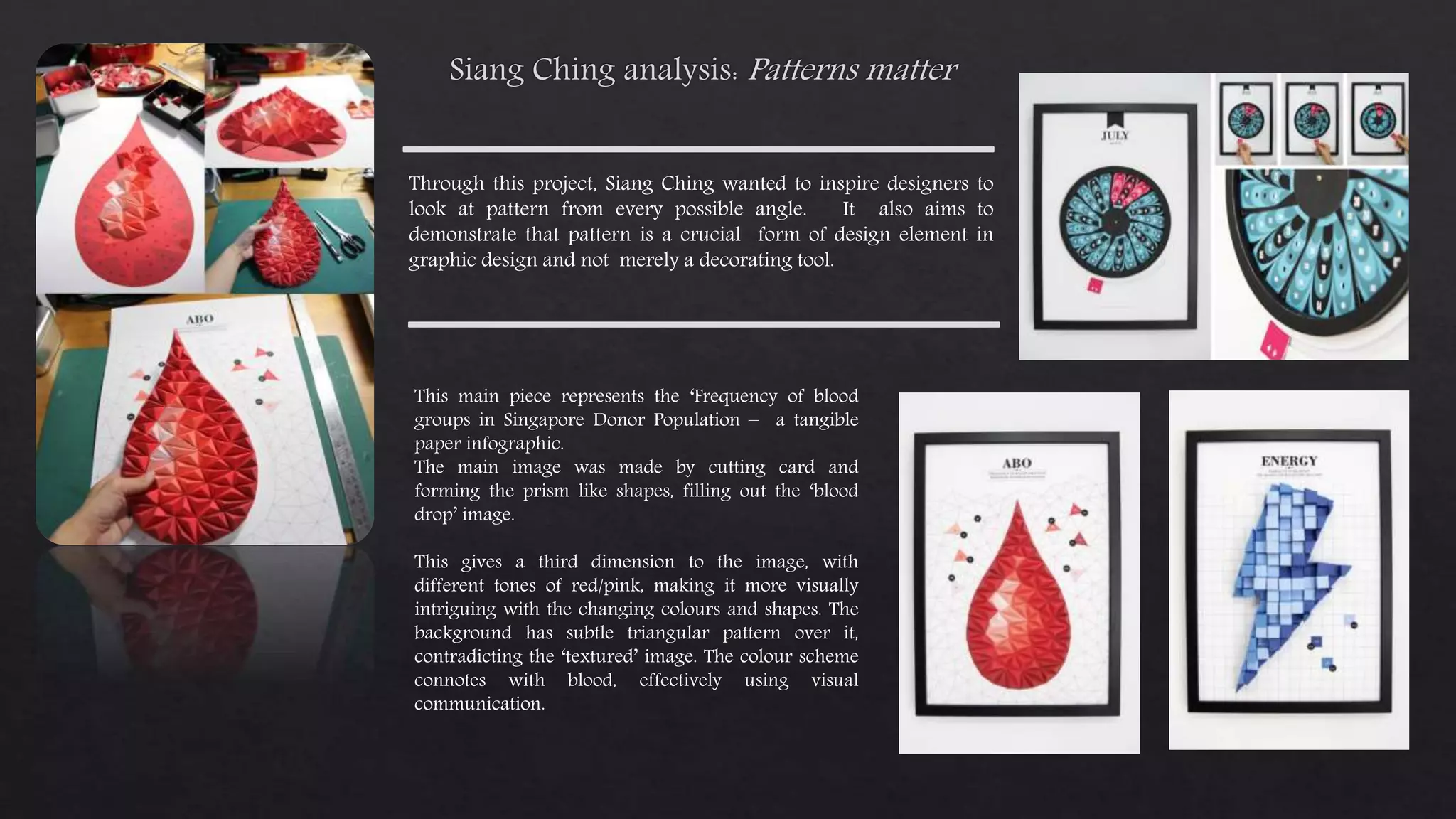 Through this project, Siang Ching wanted to inspire designers to
look at pattern from every possible angle. It also aims to
demonstrate that pattern is a crucial form of design element in
graphic design and not merely a decorating tool.
This main piece represents the ‘Frequency of blood
groups in Singapore Donor Population – a tangible
paper infographic.
The main image was made by cutting card and
forming the prism like shapes, filling out the ‘blood
drop’ image.
This gives a third dimension to the image, with
different tones of red/pink, making it more visually
intriguing with the changing colours and shapes. The
background has subtle triangular pattern over it,
contradicting the ‘textured’ image. The colour scheme
connotes with blood, effectively using visual
communication.
 