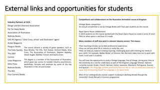 External links and opportunities for students
Industry Partners at UCA:
Design and Art Directors Association
Far Far Away Books
Association of Illustrators
Nobrow Books
GAS Art Agency / Gina Cross, artists’ and illustrators’ agent
Ambit Magazine
Penguin Books
The Folio Society
The V&A
Comica
Loop Magazine
Ditto Press
Nobrow Books
The AOI
Four Corners Books.
The course attracts a variety of guest speakers, such as
Rosy Nicolas, Tim Ellis, Tom Dowse, Graham Rawle, Gina
Cross, The Association of Illustrators, Stephen Appleby,
Olivier Kugler, Matilda Tristram and David Lemm.
The degree is a member of the Association of Illustrators,
which gives you access to notable industry practitioners,
workshops, lectures and seminars by some of the top
illustrators in the UK and Europe.
Competitions and collaborations on the Illustration Animation course at Kingston:
Vintage Books competition
An annual competition is run by Vintage Books with final-year students on this course.
Royal Opera House collaboration
In 2014 students on this course worked with the Royal Opera House to create a series of short
films on what opera is and how it is made.
Many members of staff also work in relevant industry sectors. This means:
•their teaching includes up-to-date professional experience;
•they can tell you what life in industry is really like; and
•they can help you balance creating inspiring, challenging work with meeting the needs of
your client. For example, Walker Books' art director, Ben Norland, takes time out to work with
Level 2 and Level 3 students.
You will have the opportunity to study a foreign language, free of charge, during your time at
the University on a not-for-credit basis as part of the Kingston Language Scheme. Options
currently include: Arabic, French, German, Italian, Japanese, Mandarin, Portuguese, Russian
and Spanish. (This language scheme particularly interests me as I am currently very invested in
Japan and am teaching myself the language in my spare time).
Most of our undergraduate courses support studying or working abroad through the
University's Study Abroad or Erasmus programme.
 