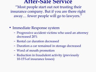 After-Sale Service  “Most people start out not trusting their insurance company. But if you are there right away… fewer people will go to lawyers.” Immediate Response system Progressive accident victims who used an attorney decreased 20% Rental car duration decreased Duration a car remained in storage decreased Word of mouth promotion Reduction in fraudulent activity (previously 10-15%of insurance losses)‏ 