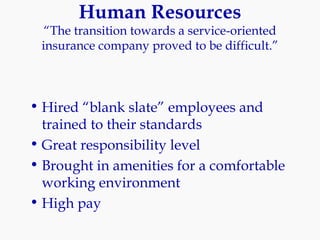 Human Resources “The transition towards a service-oriented insurance company proved to be difficult.” Hired “blank slate” employees and trained to their standards Great responsibility level Brought in amenities for a comfortable working environment High pay 