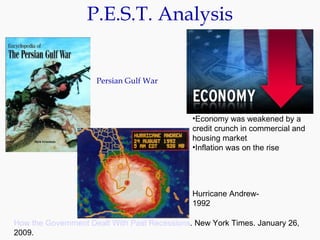 P.E.S.T. Analysis Persian Gulf War How the Government Dealt With Past Recessions . New York Times. January 26, 2009.  Economy was weakened by a credit crunch in commercial and housing market Inflation was on the rise Hurricane Andrew- 1992 